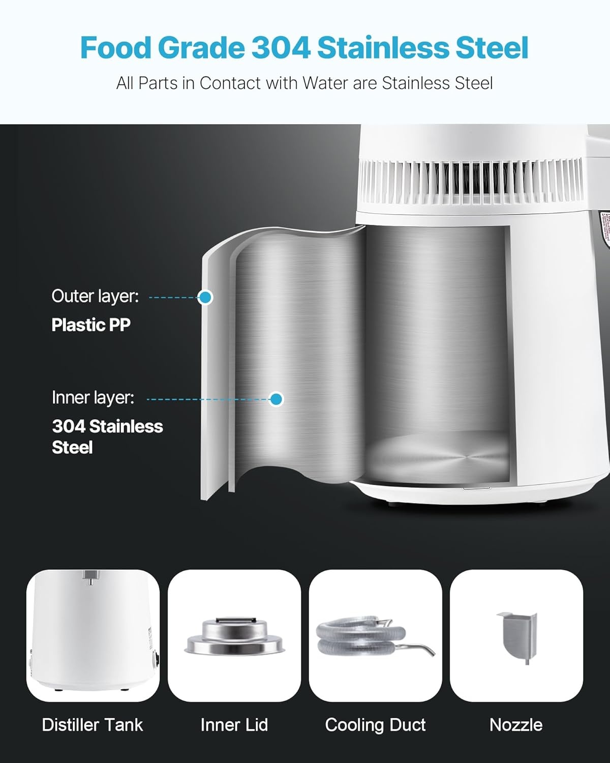 image:imageVEVOR 11 Gallon Water Distiller 750W BPA Free Container Countertop 304 Stainless Steel Interior Stiller Foodgrade Water Tank Button Control Distilled Water Maker for Home amp Commercial UseWhite