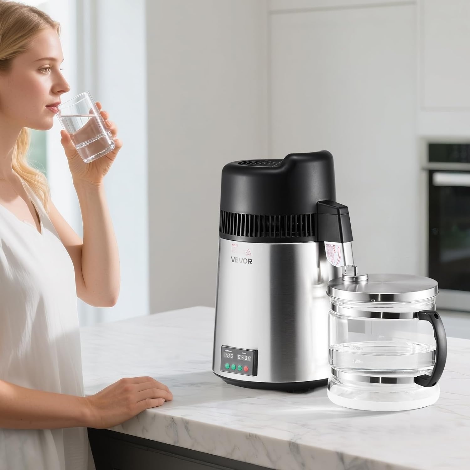 image:imageVEVOR 11 Gallon Water Distiller 750W BPA Free Container Countertop 304 Stainless Steel Interior Stiller Foodgrade Water Tank Button Control Distilled Water Maker for Home amp Commercial UseSilver