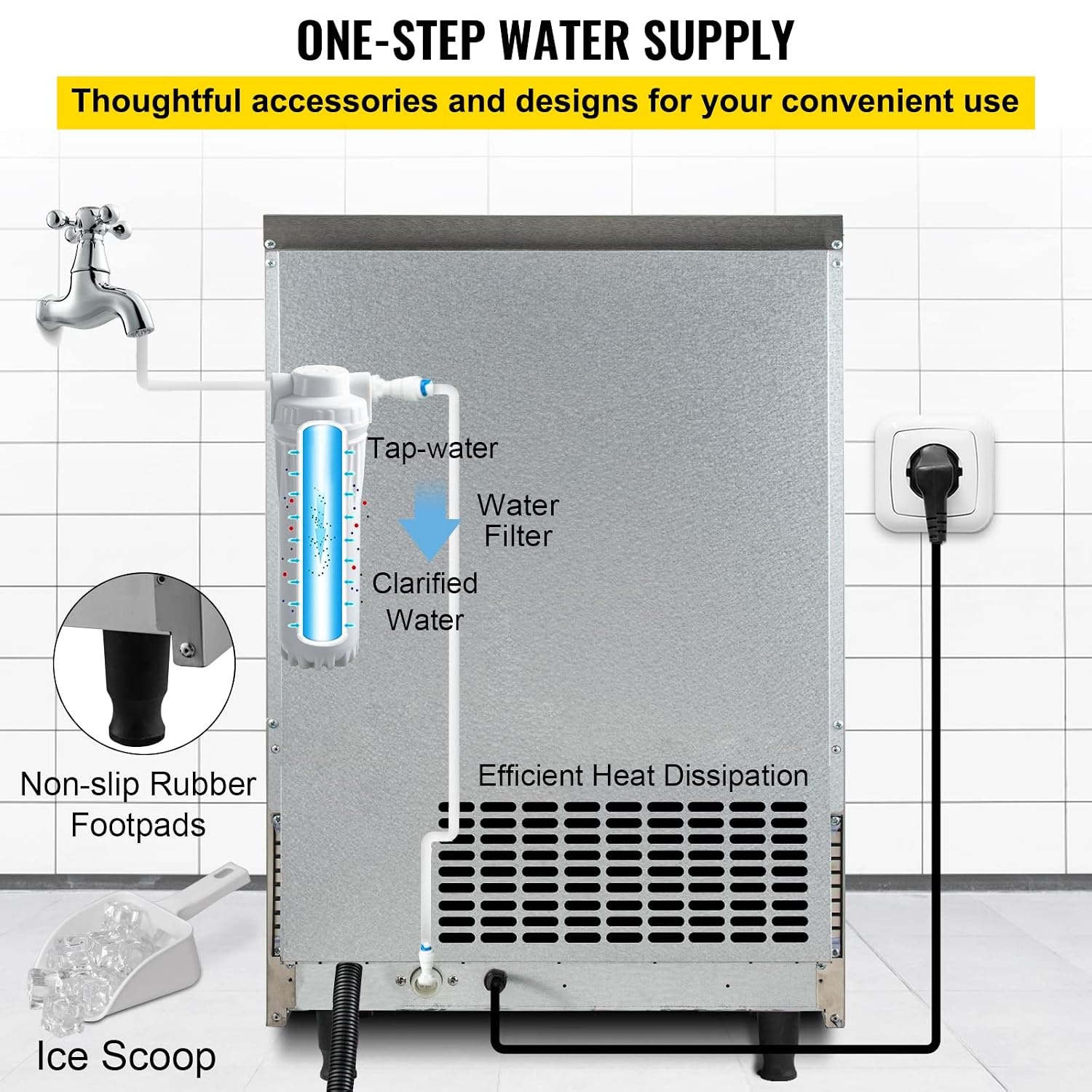 image:imageVEVOR 110V Commercial Ice Maker Machine 440LBS24H ETL Approved Stainless Steel Ice Machine with 77LBS Bin Air Cooling Professional Refrigeration Equipment Scoop and Connection Hose Includedwhite