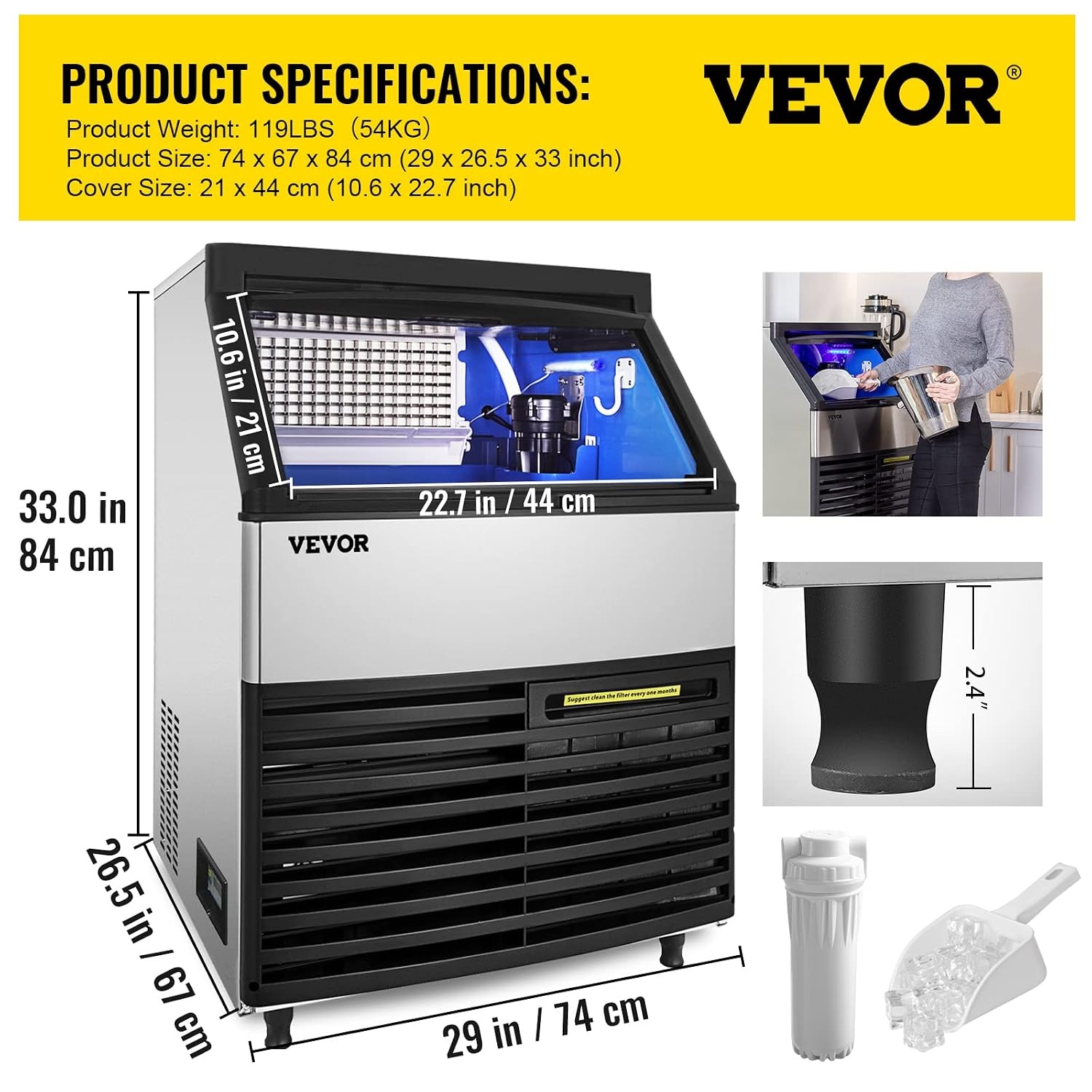 image:imageVEVOR 110V Commercial Ice Maker Machine 440LBS24H ETL Approved Stainless Steel Ice Machine with 77LBS Bin Air Cooling Professional Refrigeration Equipment Scoop and Connection Hose Includedwhite