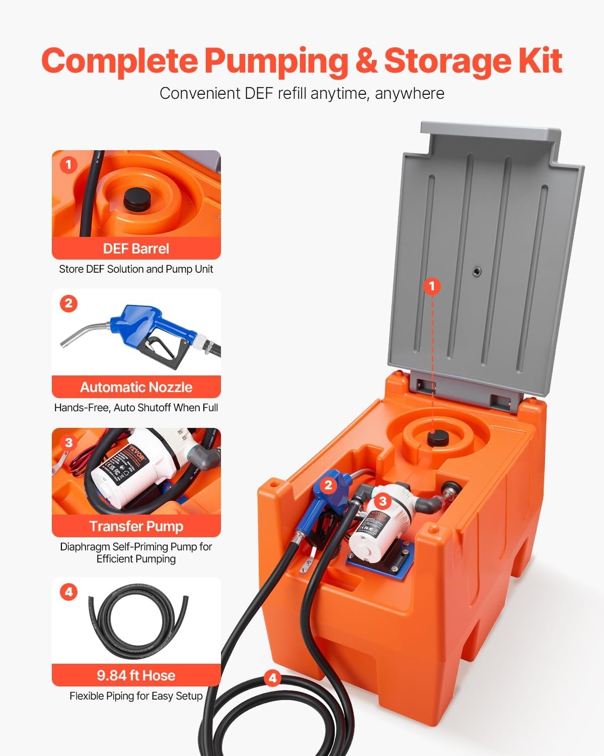 image:imageVEVOR 12V DEF Transfer Pump Kit 85 GPM Diaphragm Irrigation Self Priming Electric Water Pump with 58 Gallon Tank Automatic Nozzle 1312 ft Hose 2625 ft Lift for Diesel Exhaust Fluid UreaPump Kit with 58 Gallon Tank