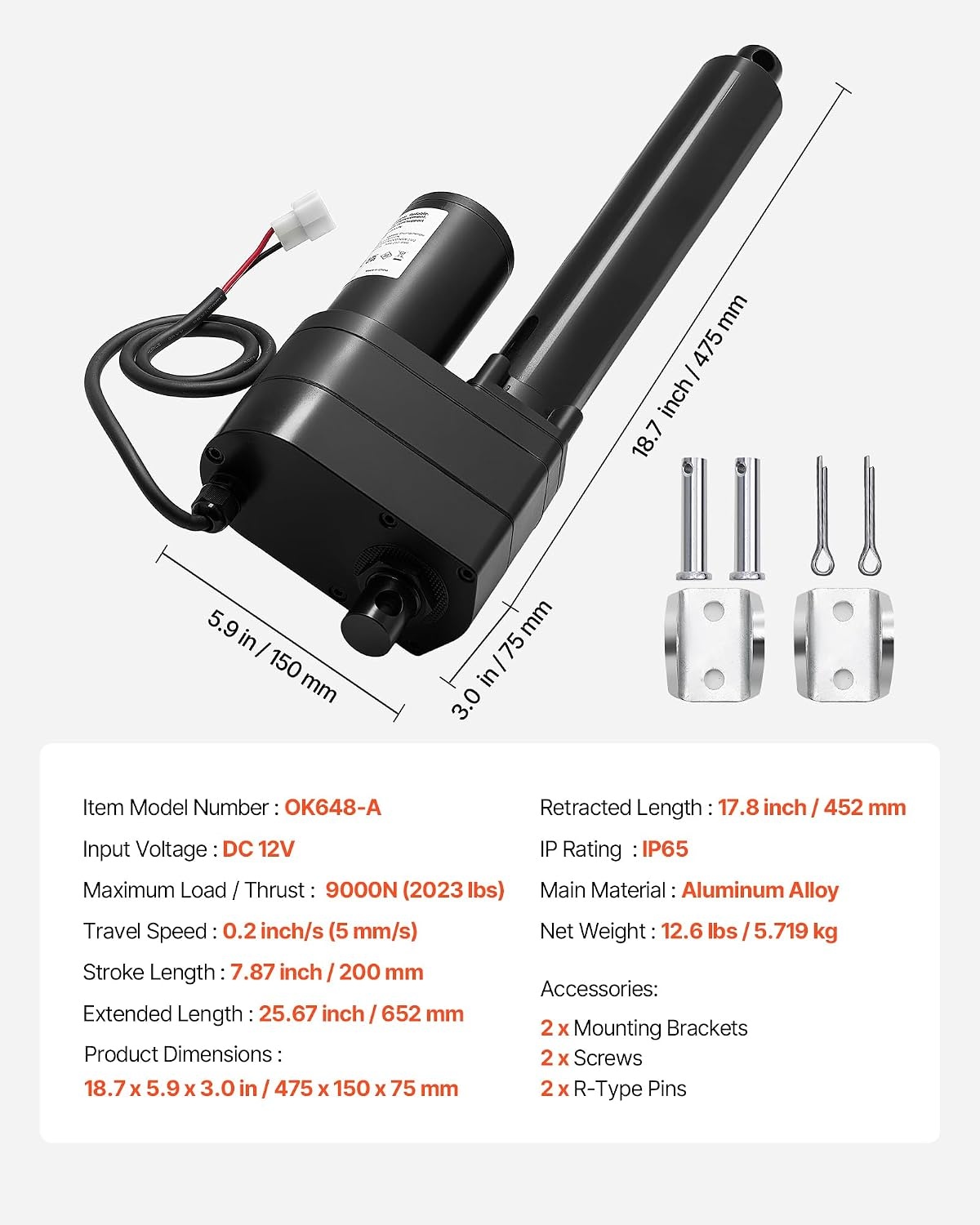 image:imageVEVOR 12V Linear Actuator 787 Inch Ultra HeavyDuty 2023lbs9000N Linear Motion Actuator IP65 Waterproof 02s with Mounting Brackets for Industrial Machinery Vessels Heavy Lifting Systems8 Inch