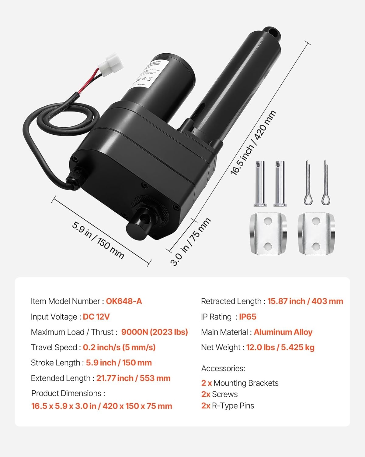 image:imageVEVOR 12V Linear Actuator 787 Inch Ultra HeavyDuty 2023lbs9000N Linear Motion Actuator IP65 Waterproof 02s with Mounting Brackets for Industrial Machinery Vessels Heavy Lifting Systems6 Inch