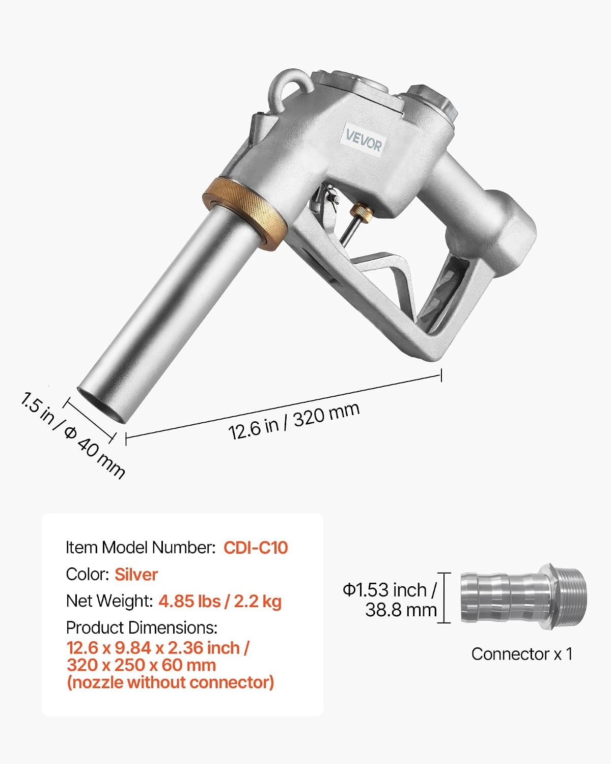 image:imageVEVOR 15 Inch Barb Automatic Fuel Nozzle with Swivel Max Flow Rate 37 GPM Auto Shut Off Diesel Gas Pump Nozzle with 3Speed Trigger Lock amp 15 Inch OD40 mm Spout for Gasoline Diesel KeroseneSilver