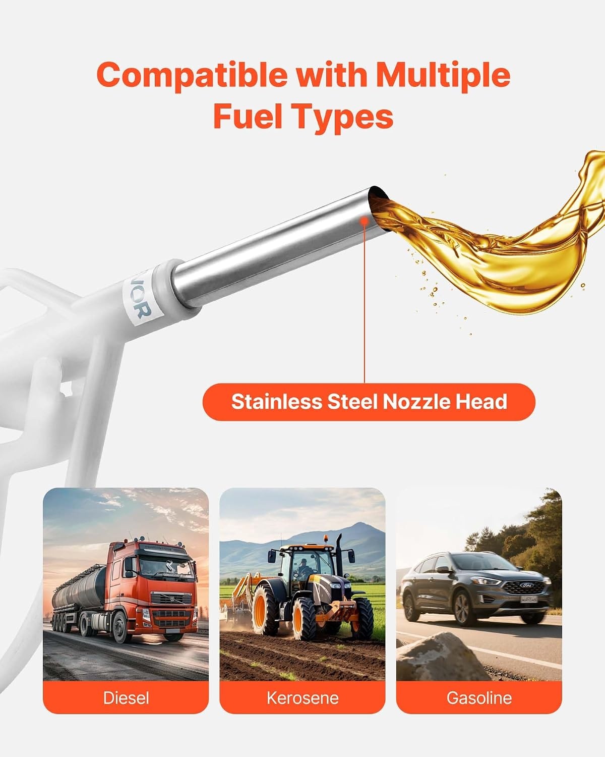 image:imageVEVOR 15 Inch Barb Automatic Fuel Nozzle with Swivel Max Flow Rate 37 GPM Auto Shut Off Diesel Gas Pump Nozzle with 3Speed Trigger Lock amp 15 Inch OD40 mm Spout for Gasoline Diesel KeroseneWhite