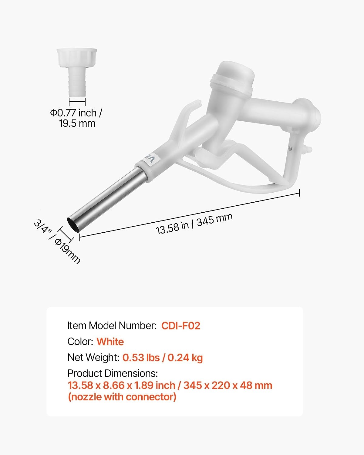 image:imageVEVOR 15 Inch Barb Automatic Fuel Nozzle with Swivel Max Flow Rate 37 GPM Auto Shut Off Diesel Gas Pump Nozzle with 3Speed Trigger Lock amp 15 Inch OD40 mm Spout for Gasoline Diesel KeroseneWhite