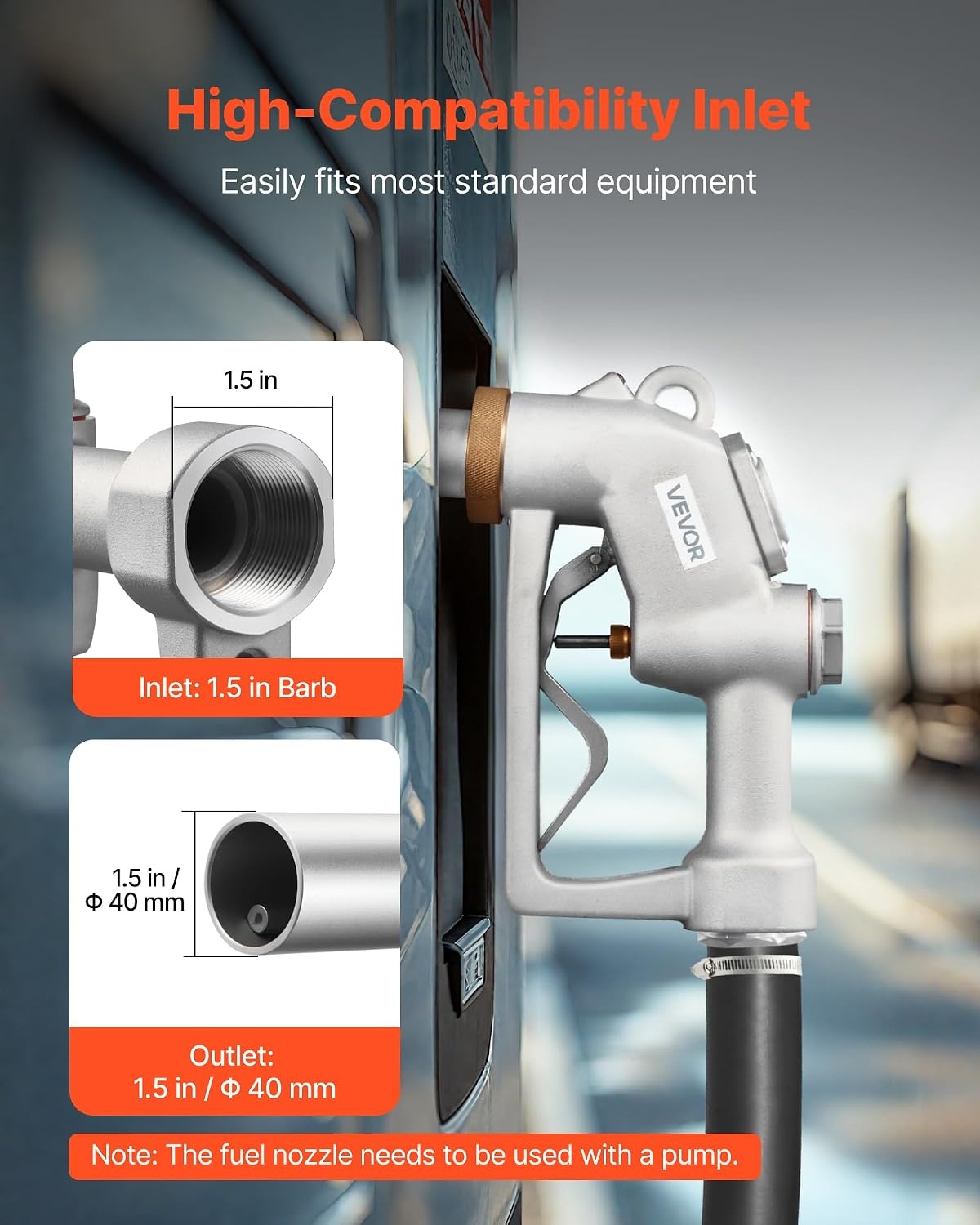 image:imageVEVOR 15 Inch Barb Automatic Fuel Nozzle with Swivel Max Flow Rate 37 GPM Auto Shut Off Diesel Gas Pump Nozzle with 3Speed Trigger Lock amp 15 Inch OD40 mm Spout for Gasoline Diesel KeroseneSilver