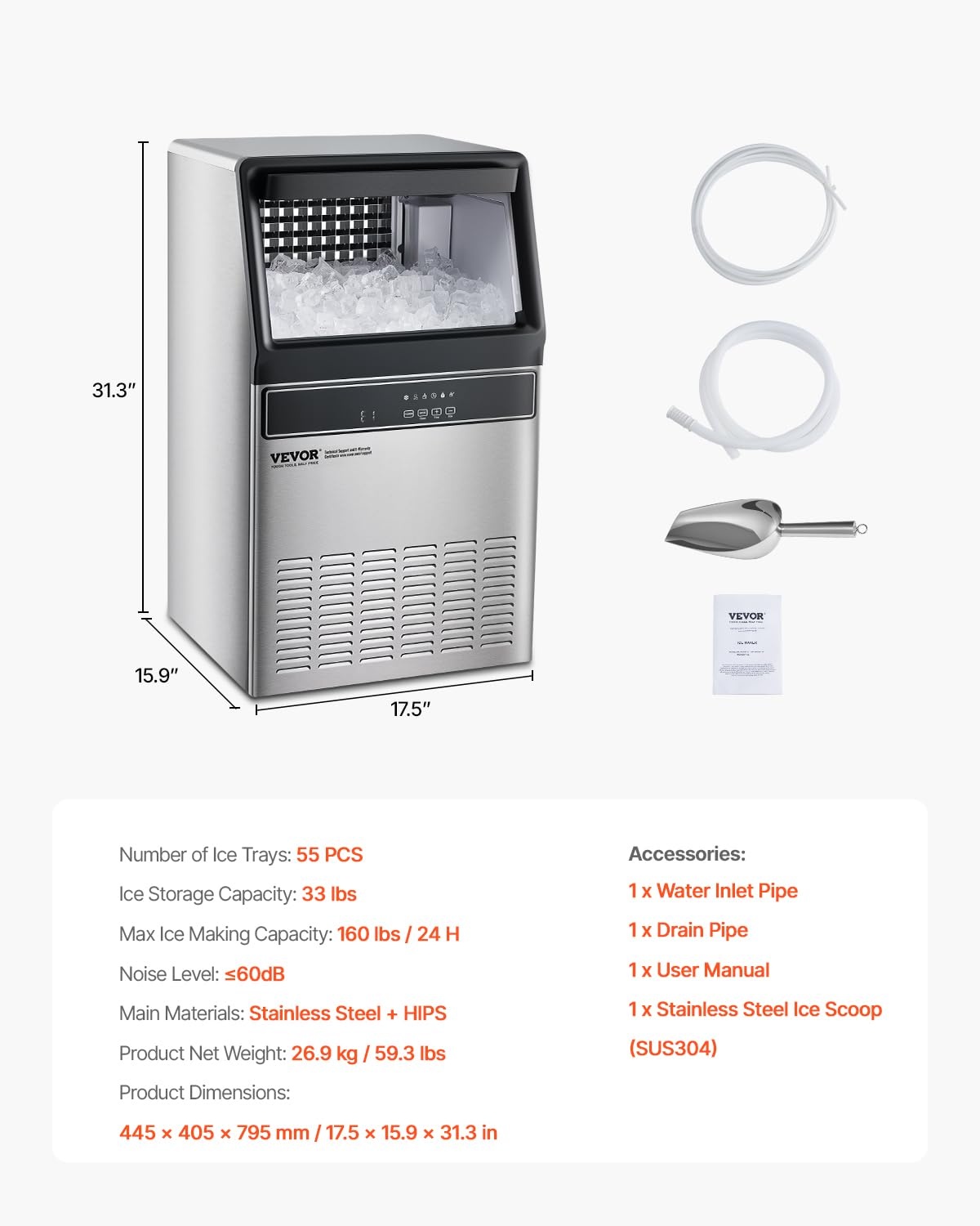 image:imageVEVOR 160lbs24H Commercial Ice Maker 55 Ice Cubes in 15 Minutes Freestanding Ice Maker Machine with 33lbs Large Storage Capacity for Bar Office Restaurant with LED Digital Display amp SelfCleaning