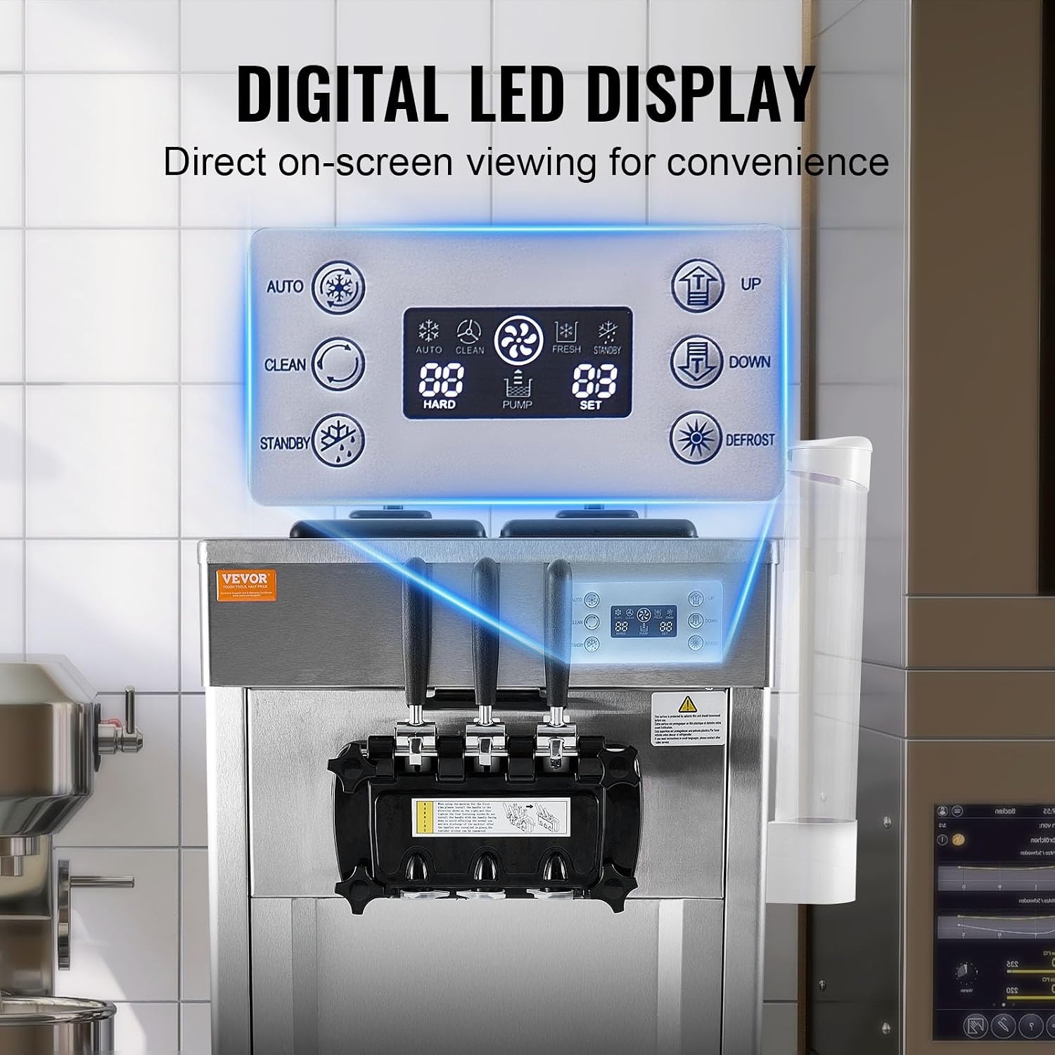 image:imageVEVOR 2200W Commercial Soft Ice Cream Machine 3 Flavors 53 to 74Gallon per Hour PreCooling at Night Auto Clean LCDPanel for Restaurants Snack Bar Sliver