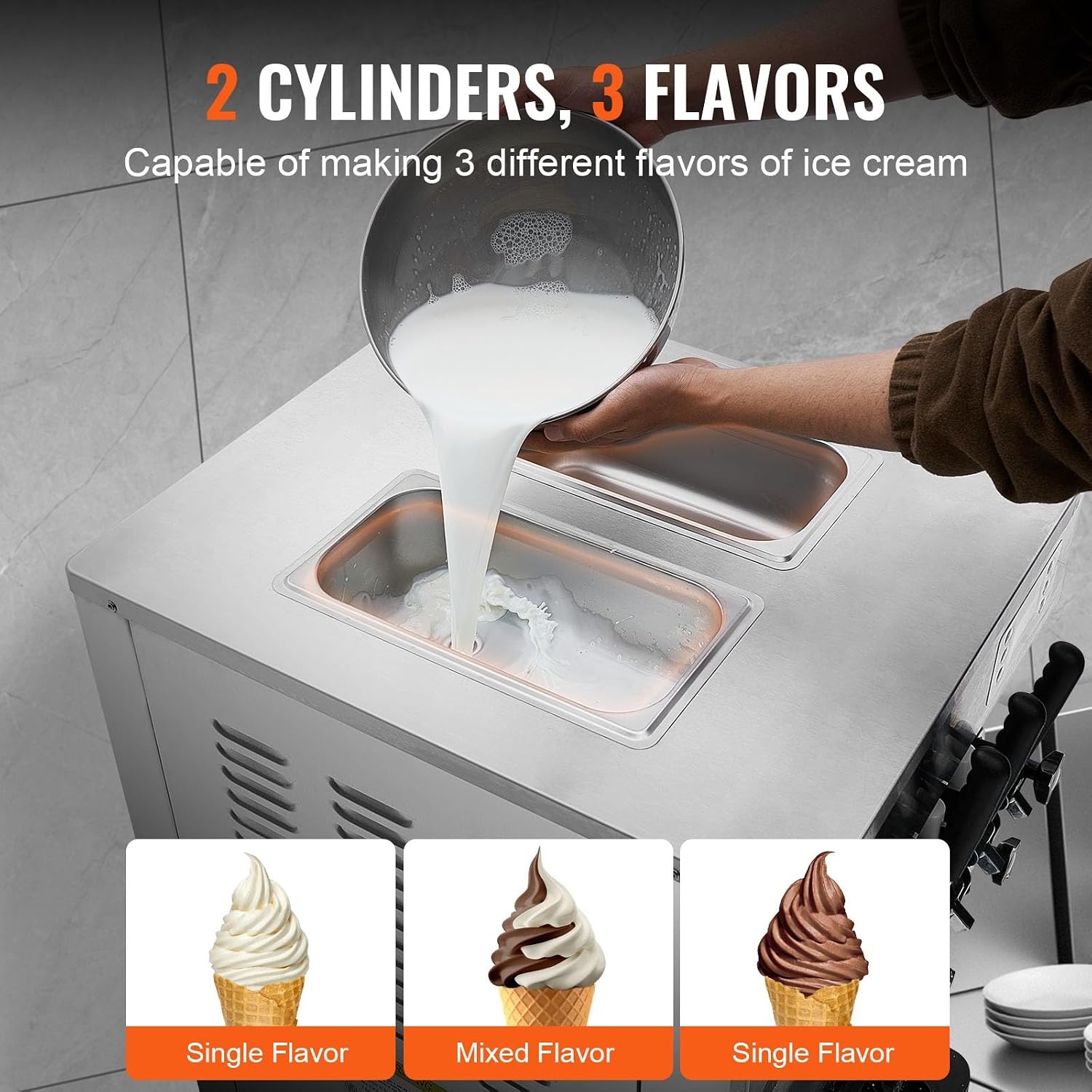 image:imageVEVOR 2200W Commercial Soft Ice Cream Machine 3 Flavors 53 to 74Gallon per Hour PreCooling at Night Auto Clean LCDPanel for Restaurants Snack Bar Sliver