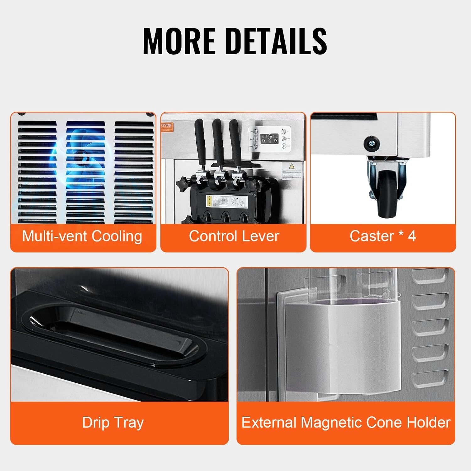 image:imageVEVOR 2200W Commercial Soft Ice Cream Machine 3 Flavors 53 to 74Gallon per Hour PreCooling at Night Auto Clean LCDPanel for Restaurants Snack Bar Sliver