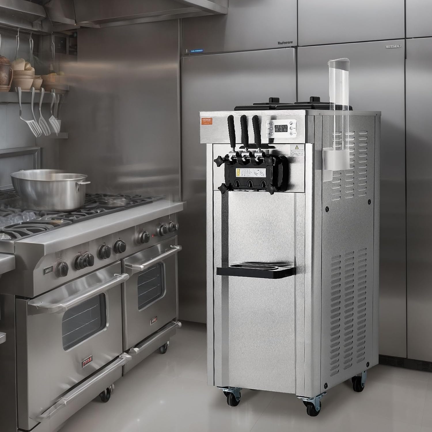image:imageVEVOR 2200W Commercial Soft Ice Cream Machine 3 Flavors 53 to 74Gallon per Hour PreCooling at Night Auto Clean LCDPanel for Restaurants Snack Bar Sliver