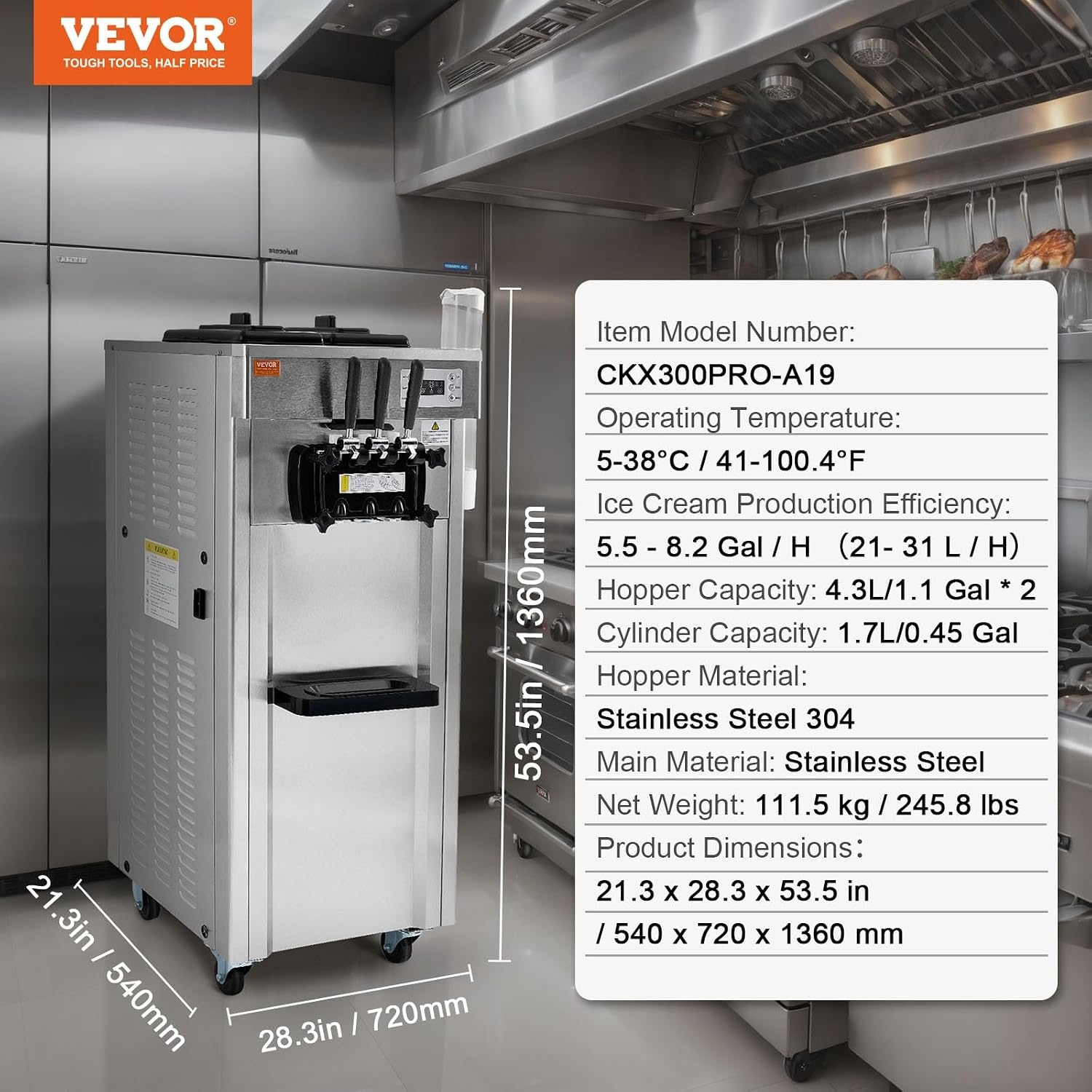 image:imageVEVOR 2200W Commercial Soft Ice Cream Machine 3 Flavors 53 to 74Gallon per Hour PreCooling at Night Auto Clean LCDPanel for Restaurants Snack Bar Sliver