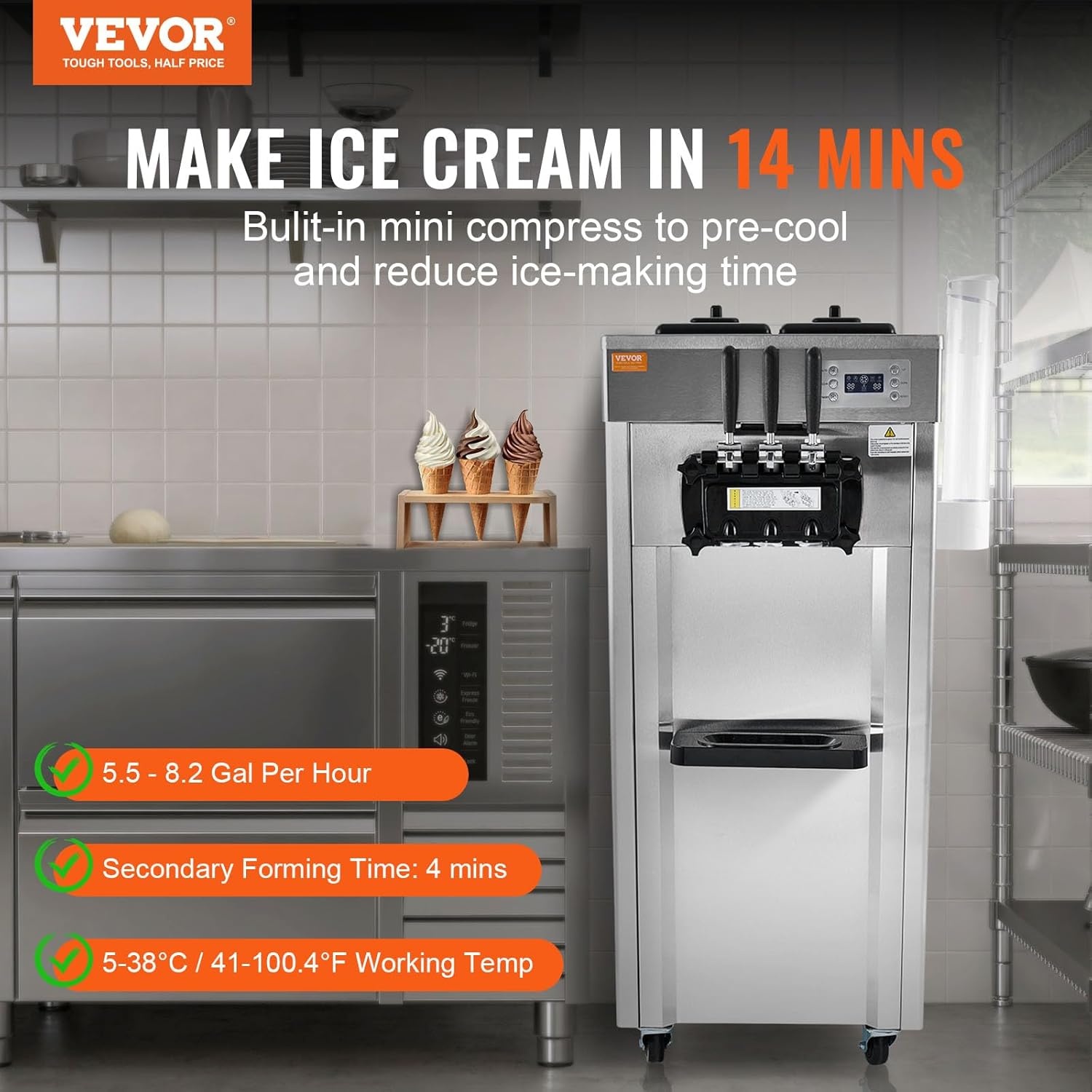 image:imageVEVOR 2200W Commercial Soft Ice Cream Machine 3 Flavors 53 to 74Gallon per Hour PreCooling at Night Auto Clean LCDPanel for Restaurants Snack Bar Sliver