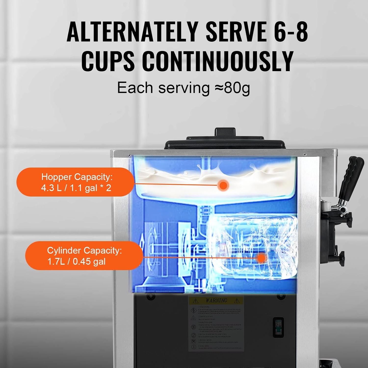 image:imageVEVOR 2200W Commercial Soft Ice Cream Machine 3 Flavors 53 to 74Gallon per Hour PreCooling at Night Auto Clean LCDPanel for Restaurants Snack Bar Sliver