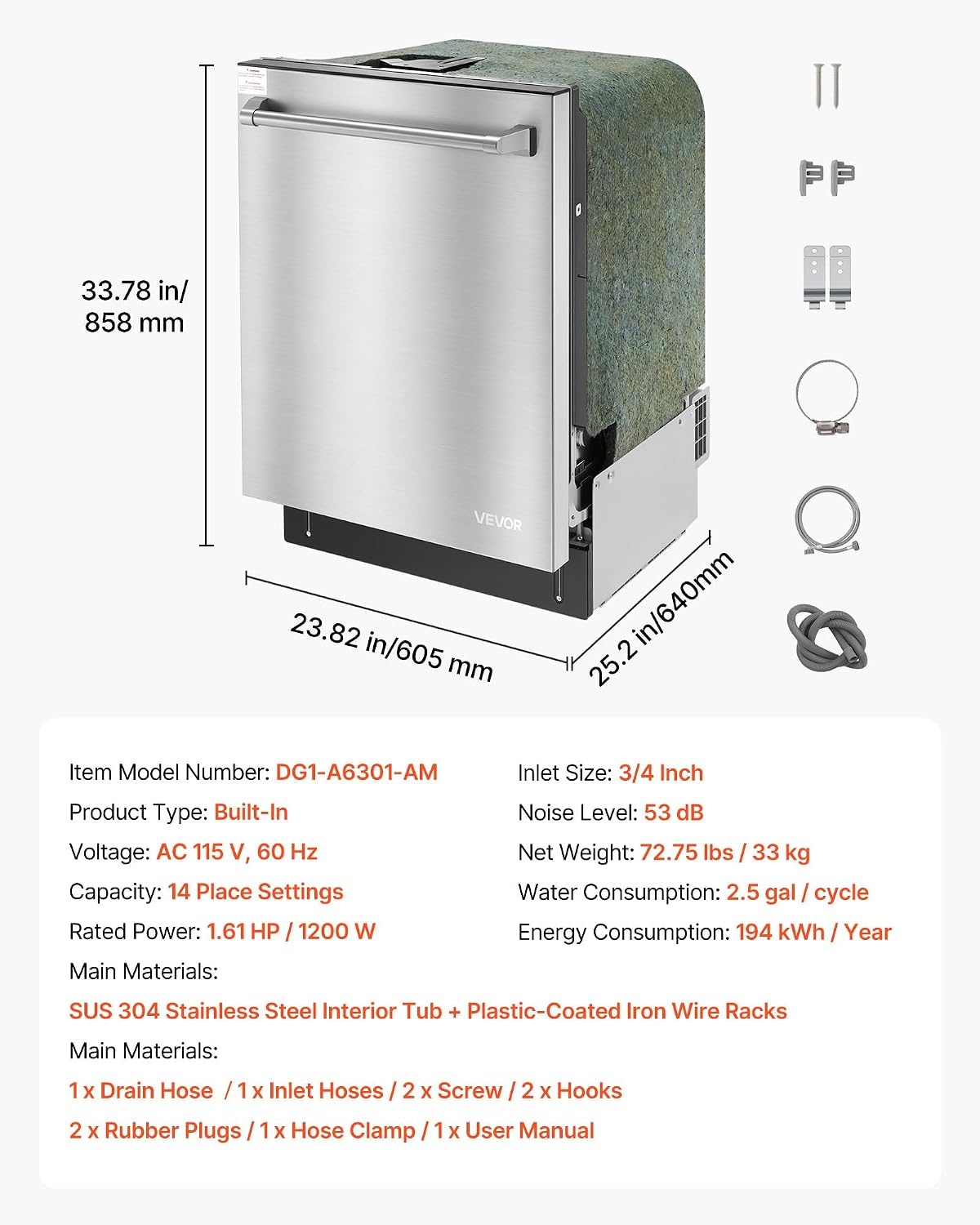 image:imageVEVOR 24 Inch BuiltIn Dishwasher Stainless Steel Tub 14 Place Settings and 8 Washing Programs 2382 x 252 x 3378 Inch LowNoise Dishwashing Machine with UpperLower Racks and Zoned Storage