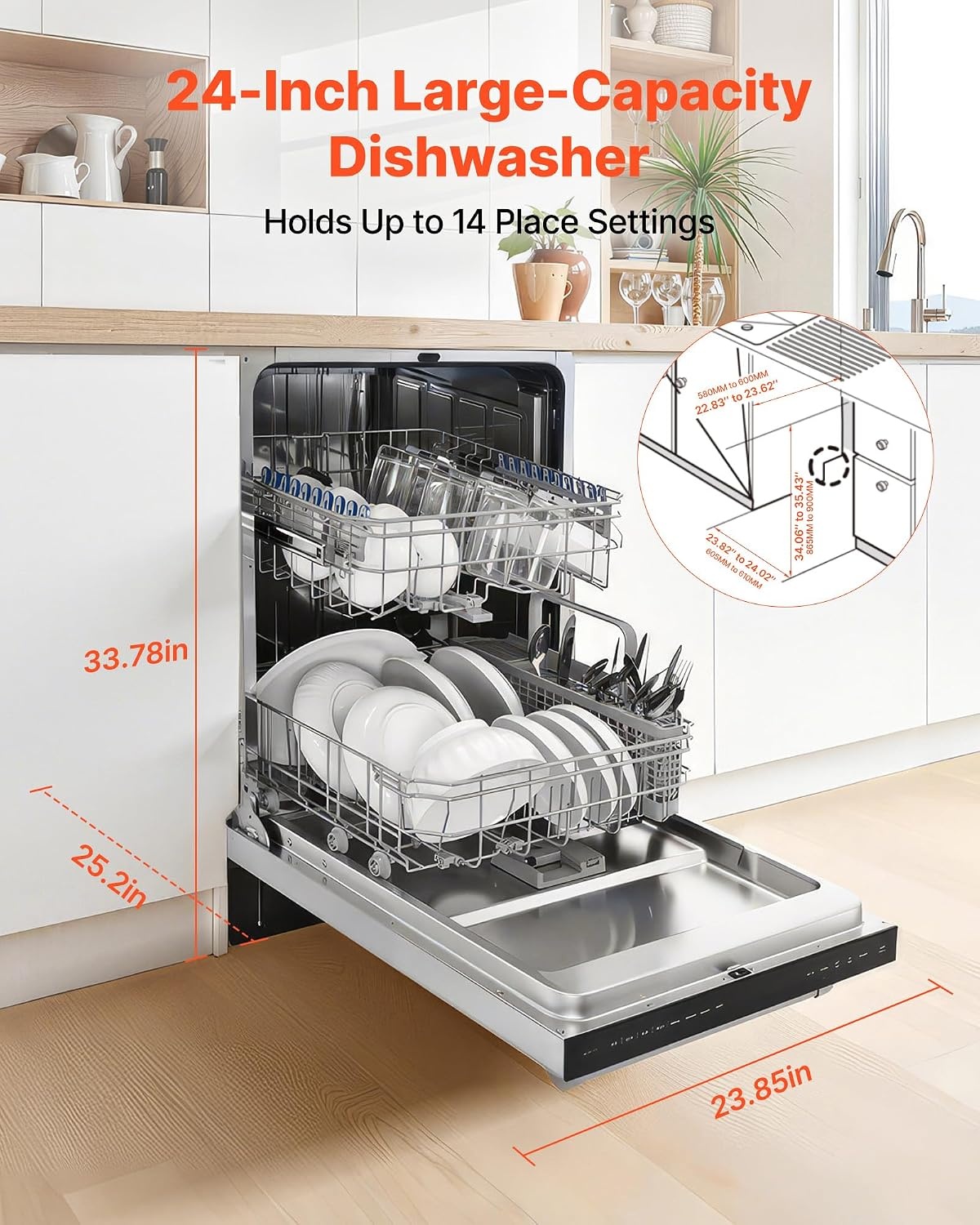 image:imageVEVOR 24 Inch BuiltIn Dishwasher Stainless Steel Tub 14 Place Settings and 8 Washing Programs 2382 x 252 x 3378 Inch LowNoise Dishwashing Machine with UpperLower Racks and Zoned Storage