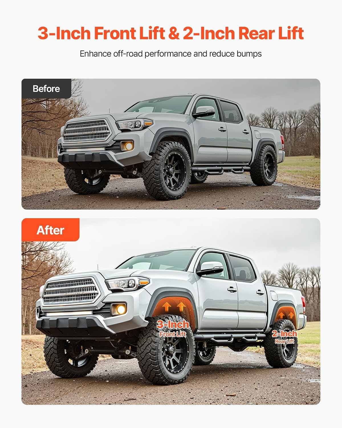 image:imageVEVOR 3 Inch Front and 2 Inch Rear Leveling Lift Kit for 20052021 2022 2023 Toyota Tacoma 2WD4WD Chassis Level Kit with 2 Front Strut Spacers 2 Rear Lift Blocks 4 UBolts Suspension Level Kit3 Front 2 Rear for 0523 Tacoma