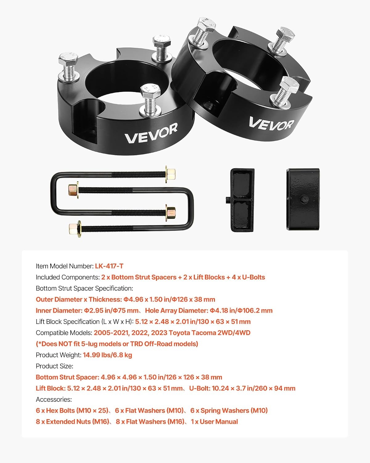 image:imageVEVOR 3 Inch Front and 2 Inch Rear Leveling Lift Kit for 20052021 2022 2023 Toyota Tacoma 2WD4WD Chassis Level Kit with 2 Front Strut Spacers 2 Rear Lift Blocks 4 UBolts Suspension Level Kit3 Front 2 Rear for 0523 Tacoma