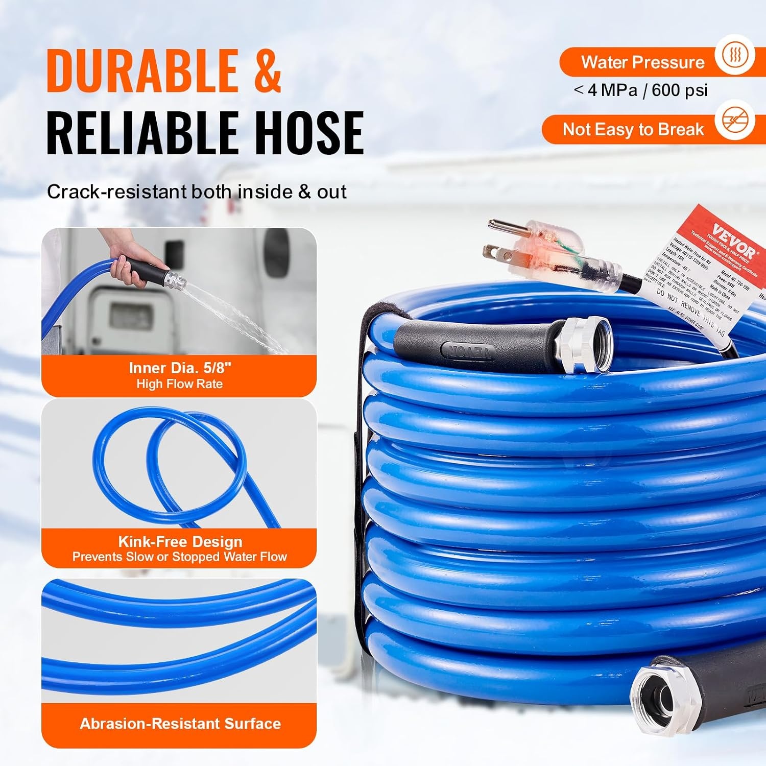 image:imageVEVOR 30ft Heated Water Hose for RV Heated Drinking Water Hose Antifreeze to 45F Automatic Selfregulating 58 ID with 34 GHT Adapter Lead and BPA Free