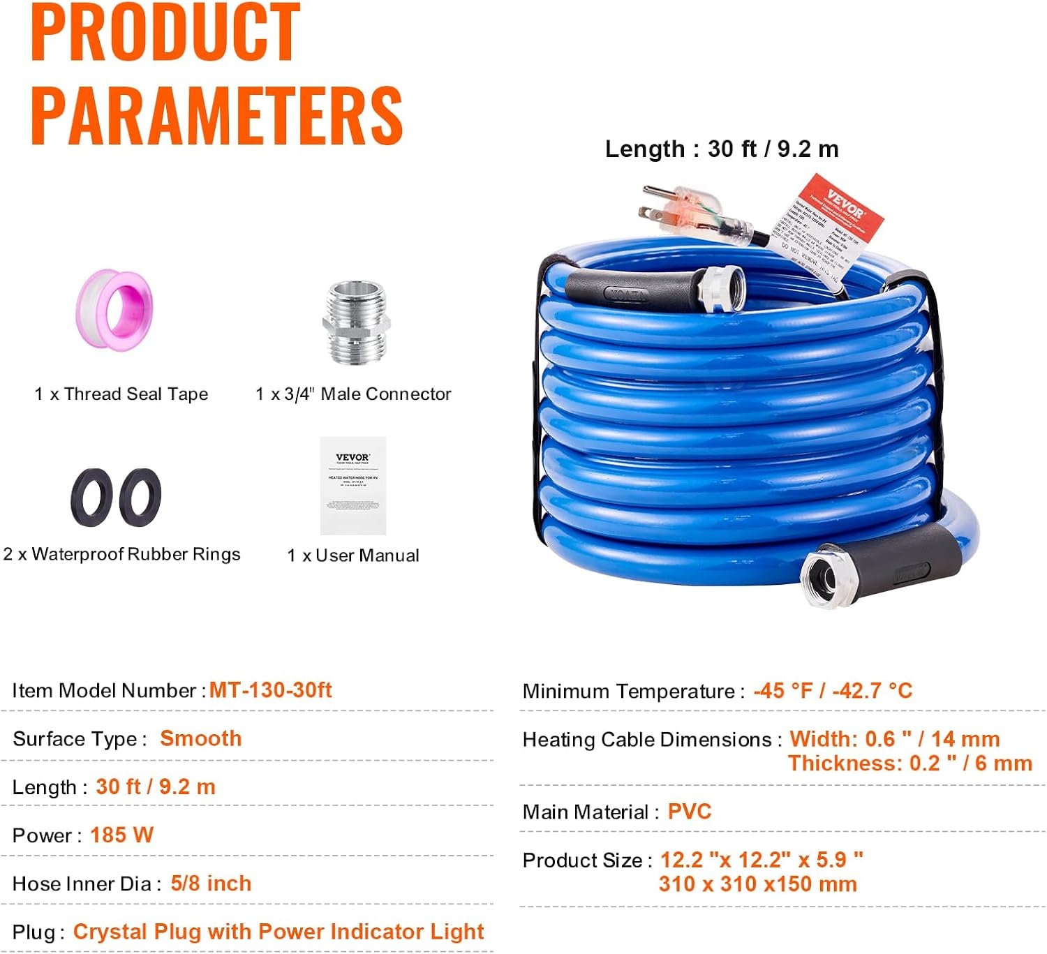 image:imageVEVOR 30ft Heated Water Hose for RV Heated Drinking Water Hose Antifreeze to 45F Automatic Selfregulating 58 ID with 34 GHT Adapter Lead and BPA Free