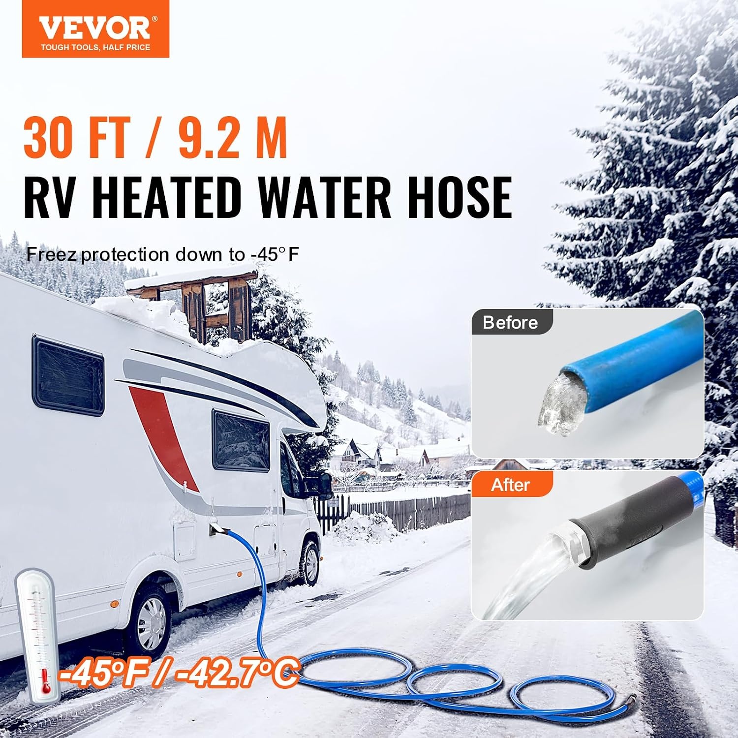 image:imageVEVOR 30ft Heated Water Hose for RV Heated Drinking Water Hose Antifreeze to 45F Automatic Selfregulating 58 ID with 34 GHT Adapter Lead and BPA Free