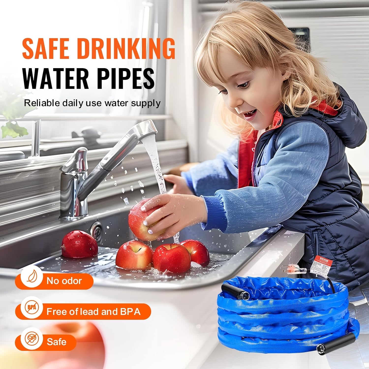 image:imageVEVOR 30ft Heated Water Hose for RV Heated Drinking Water Hose with Corrugated Cover Antifreeze to 45F Automatic Selfregulating 58 ID with 34 GHT Adapter Lead and BPA Free25FT