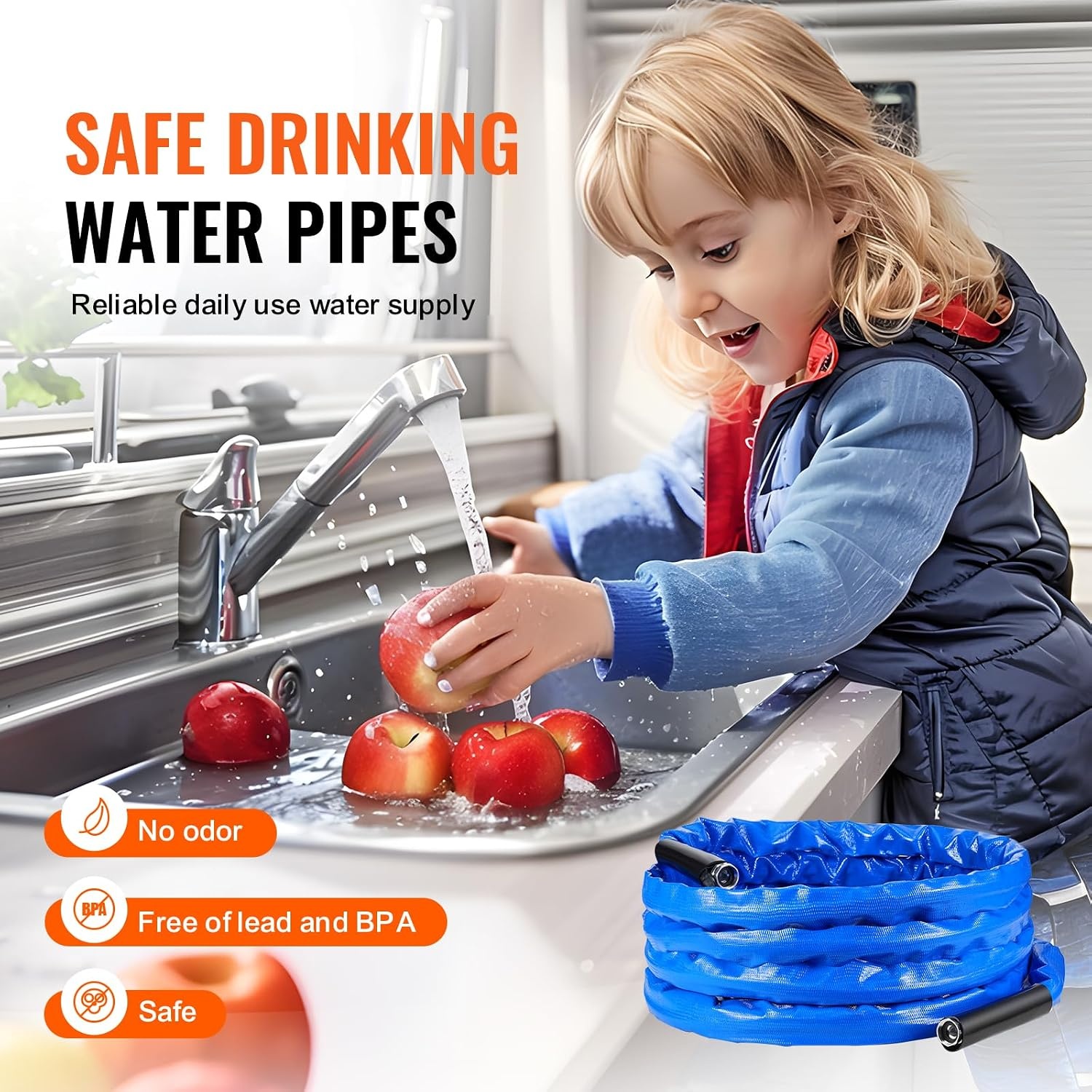 image:imageVEVOR 30ft Heated Water Hose for RV Heated Drinking Water Hose with Corrugated Cover Antifreeze to 45F Automatic Selfregulating 58 ID with 34 GHT Adapter Lead and BPA Free50FT