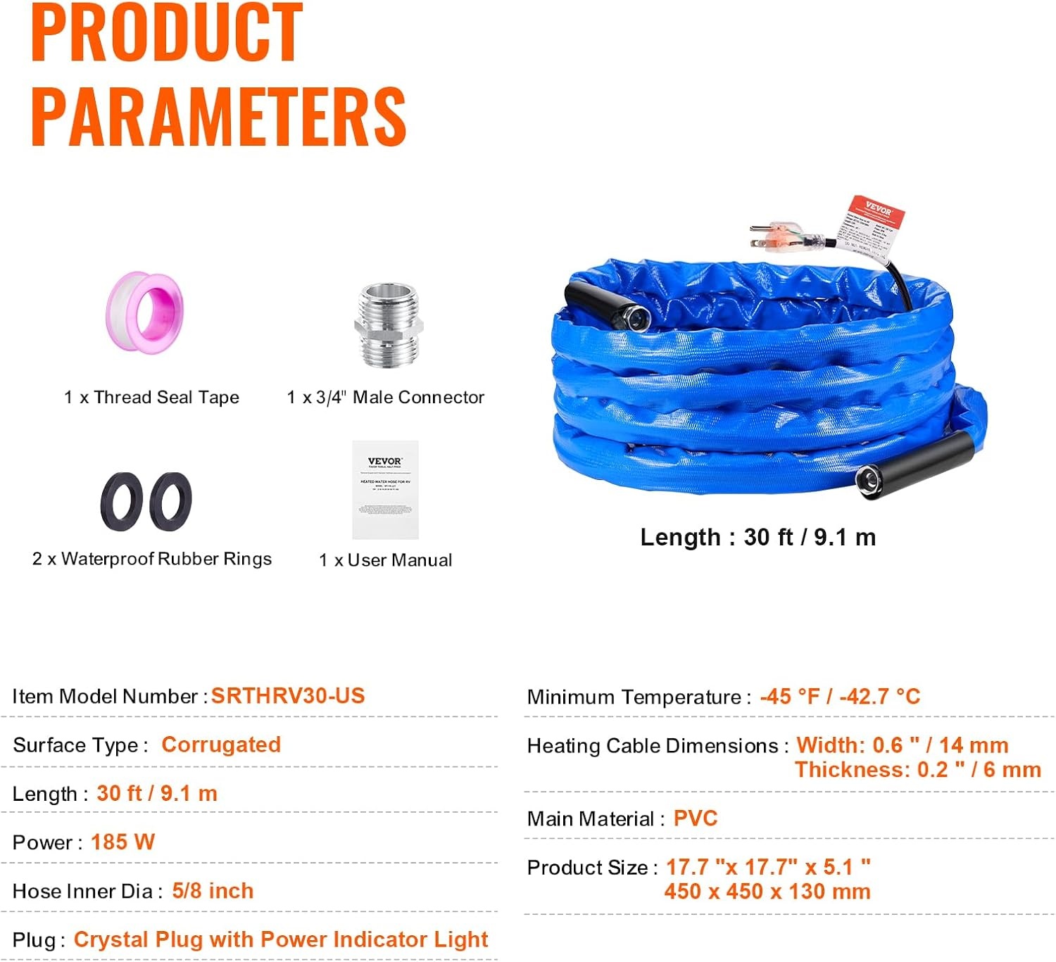 image:imageVEVOR 30ft Heated Water Hose for RV Heated Drinking Water Hose with Corrugated Cover Antifreeze to 45F Automatic Selfregulating 58 ID with 34 GHT Adapter Lead and BPA Free30FT