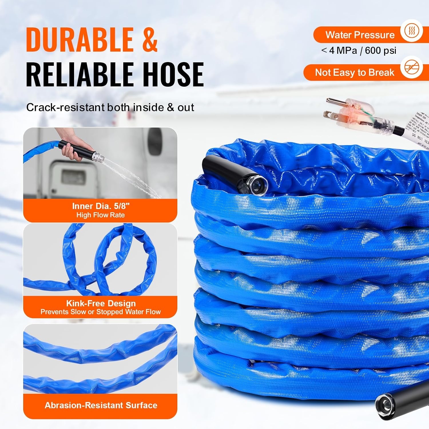 image:imageVEVOR 30ft Heated Water Hose for RV Heated Drinking Water Hose with Corrugated Cover Antifreeze to 45F Automatic Selfregulating 58 ID with 34 GHT Adapter Lead and BPA Free50FT