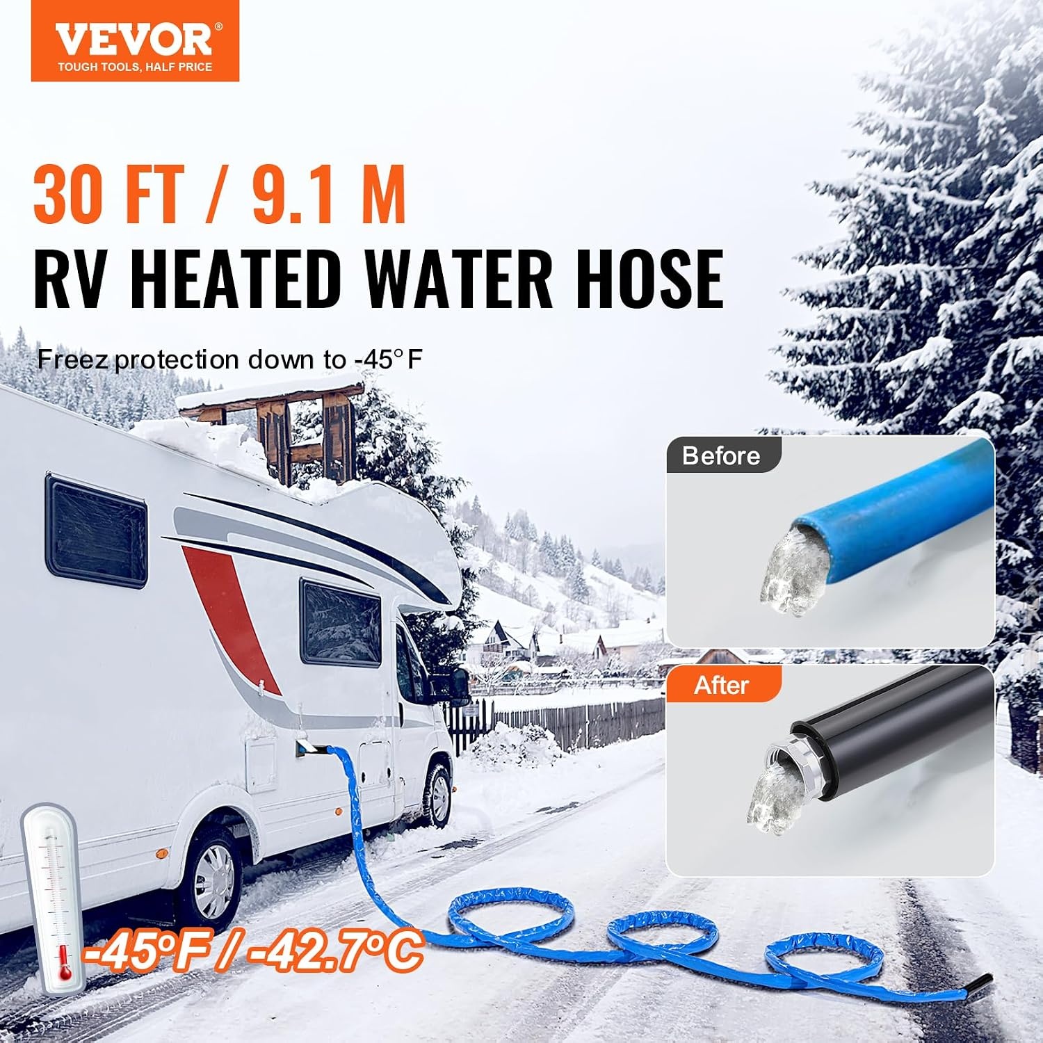 image:imageVEVOR 30ft Heated Water Hose for RV Heated Drinking Water Hose with Corrugated Cover Antifreeze to 45F Automatic Selfregulating 58 ID with 34 GHT Adapter Lead and BPA Free30FT