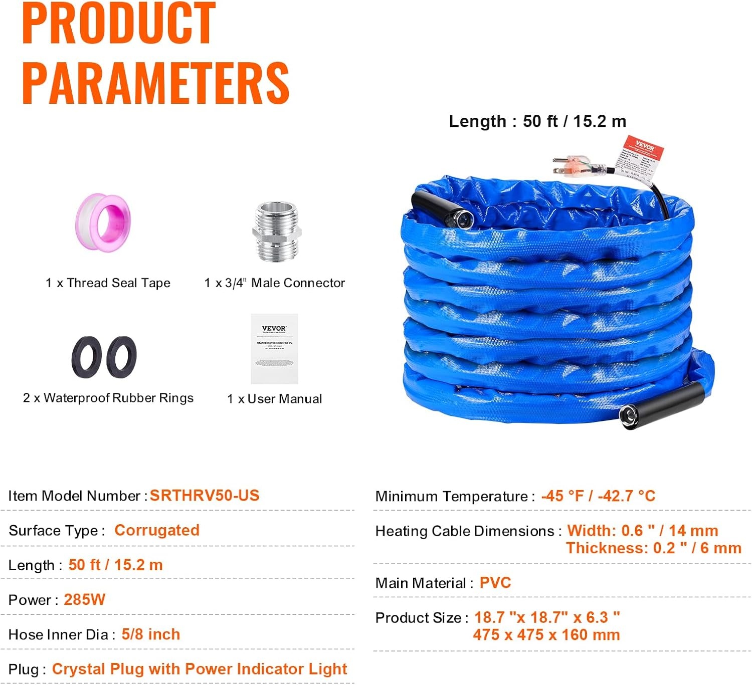 image:imageVEVOR 30ft Heated Water Hose for RV Heated Drinking Water Hose with Corrugated Cover Antifreeze to 45F Automatic Selfregulating 58 ID with 34 GHT Adapter Lead and BPA Free50FT