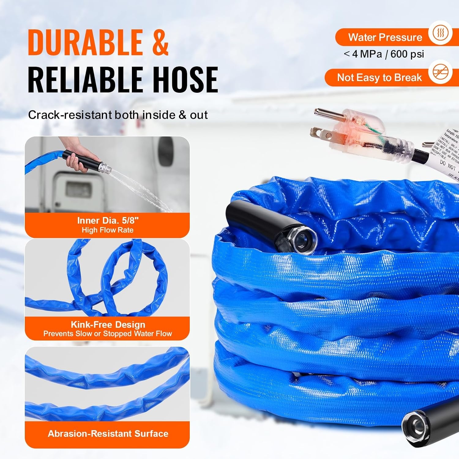 image:imageVEVOR 30ft Heated Water Hose for RV Heated Drinking Water Hose with Corrugated Cover Antifreeze to 45F Automatic Selfregulating 58 ID with 34 GHT Adapter Lead and BPA Free30FT