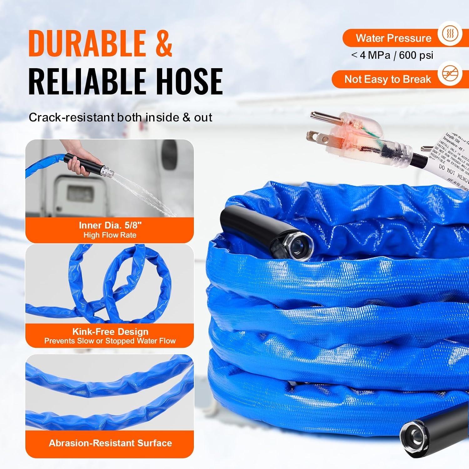 image:imageVEVOR 30ft Heated Water Hose for RV Heated Drinking Water Hose with Corrugated Cover Antifreeze to 45F Automatic Selfregulating 58 ID with 34 GHT Adapter Lead and BPA Free25FT