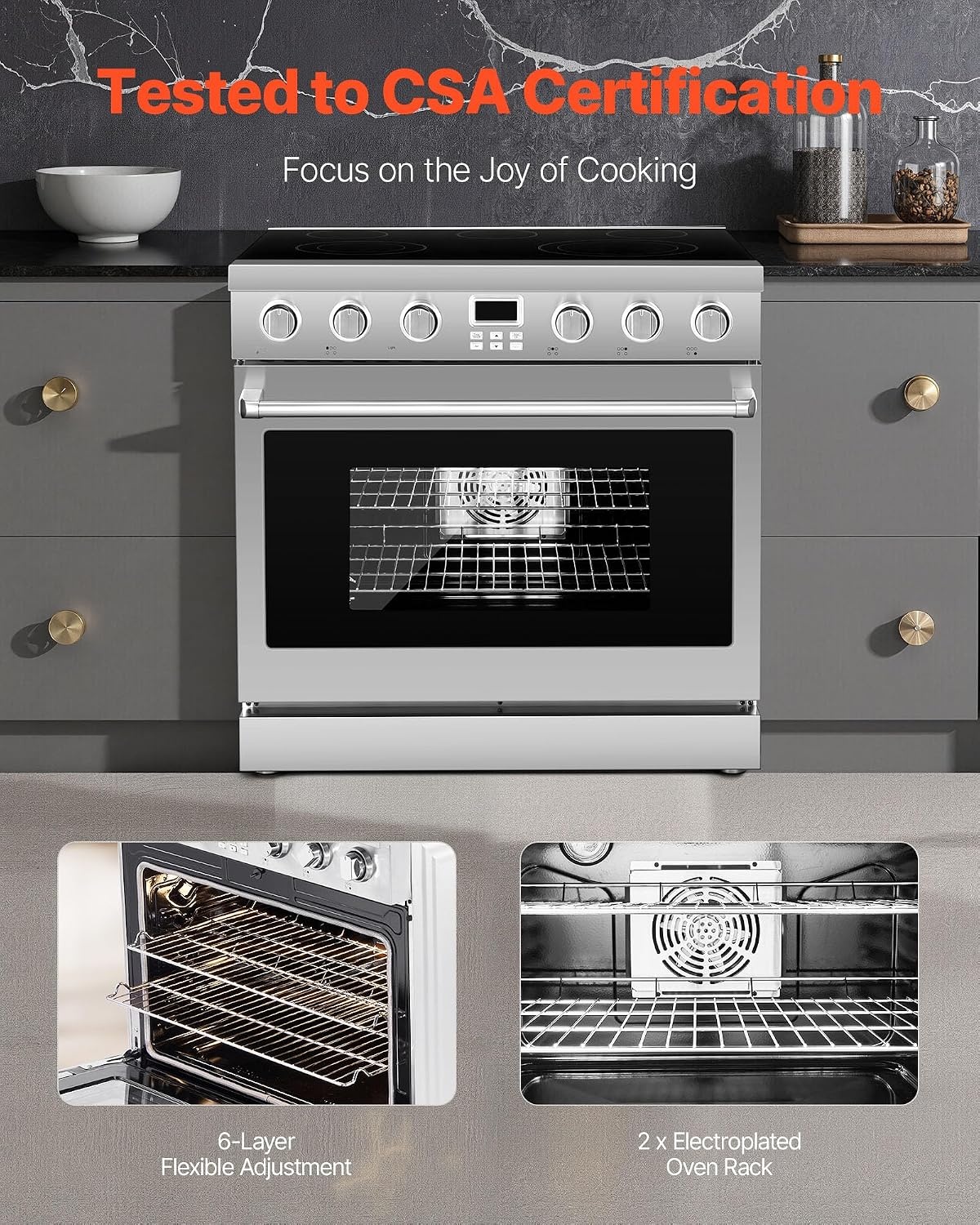 image:imageVEVOR 30in Electric Range Oven 48Cu Ft Capacity Compact Freestanding Oven Stainless Steel Kitchen Stove with 5 Burners SelfCleaning Air Fry Easy Reach Racks Storage DrawerNo Power CordSilver