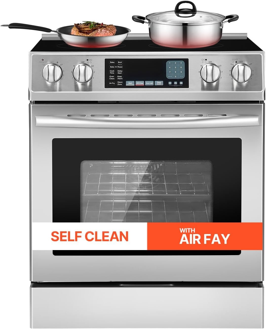 image:imageVEVOR 30in Electric Range Oven 48Cu Ft Capacity Compact Freestanding Oven Stainless Steel Kitchen Stove with 5 Burners SelfCleaning Air Fry Easy Reach Racks Storage DrawerNo Power CordSilver