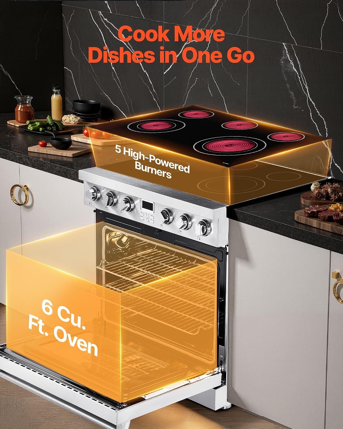 image:imageVEVOR 30in Electric Range Oven 48Cu Ft Capacity Compact Freestanding Oven Stainless Steel Kitchen Stove with 5 Burners SelfCleaning Air Fry Easy Reach Racks Storage DrawerNo Power CordSilver