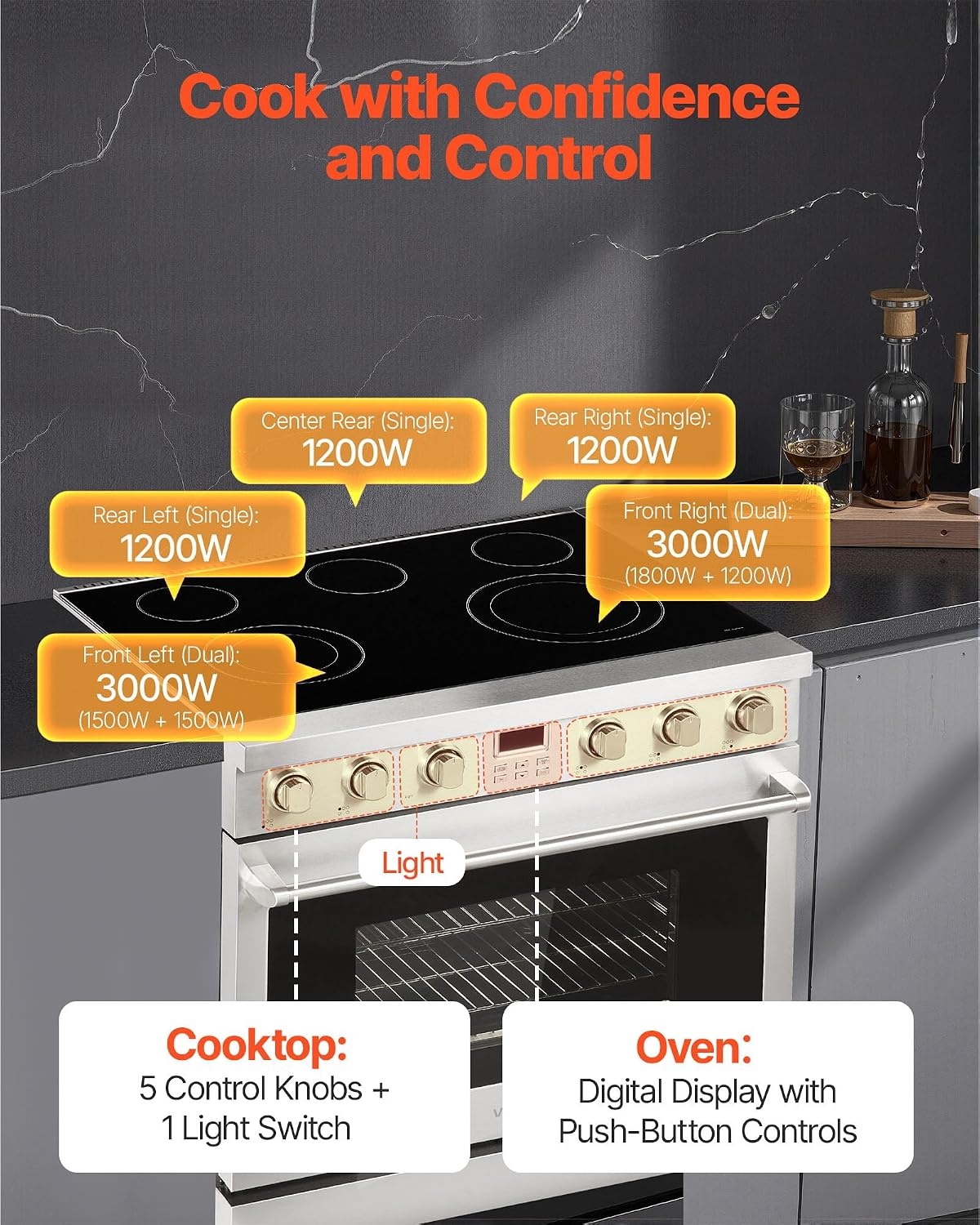 image:imageVEVOR 30in Electric Range Oven 48Cu Ft Capacity Compact Freestanding Oven Stainless Steel Kitchen Stove with 5 Burners SelfCleaning Air Fry Easy Reach Racks Storage DrawerNo Power CordSilver