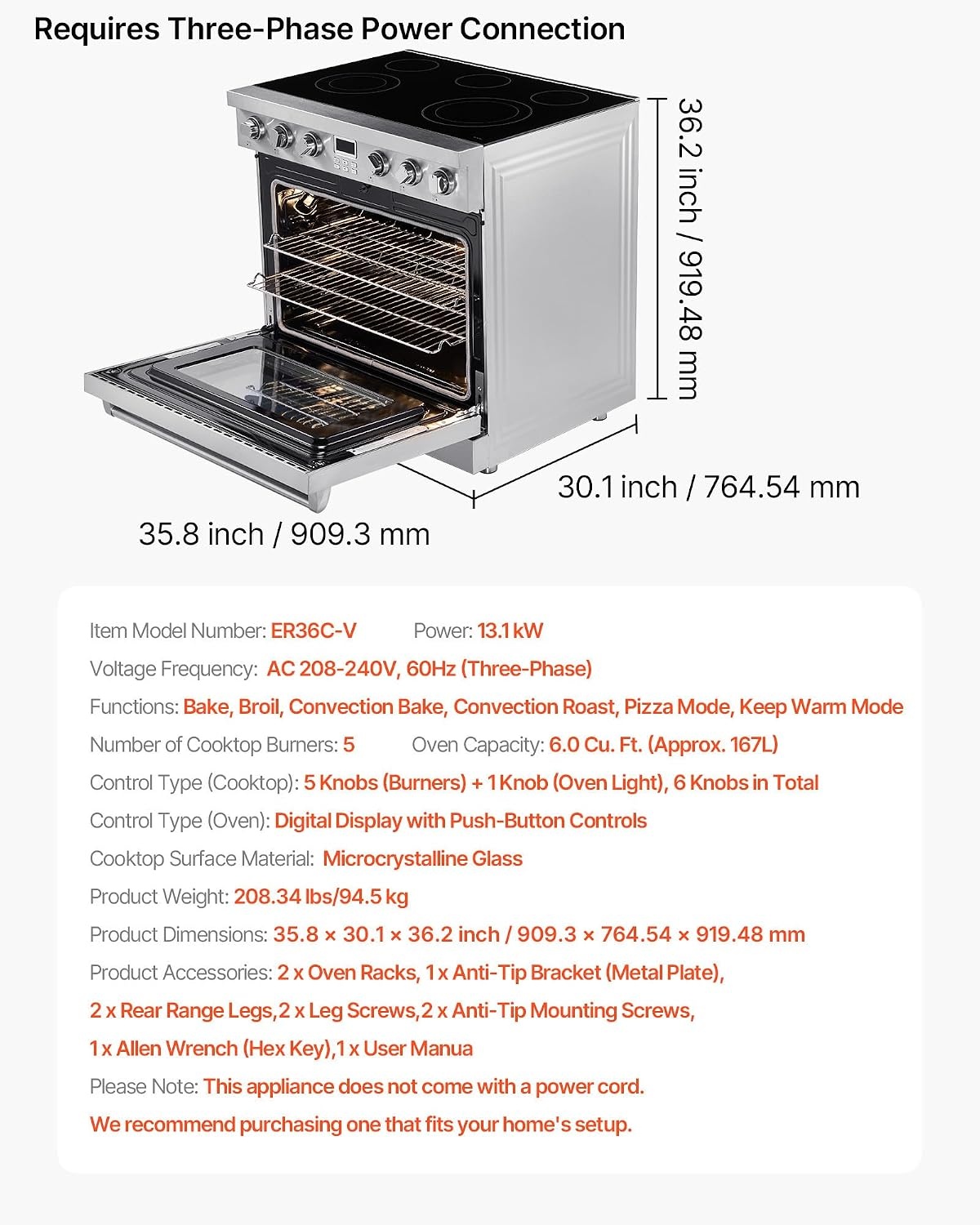 image:imageVEVOR 30in Electric Range Oven 48Cu Ft Capacity Compact Freestanding Oven Stainless Steel Kitchen Stove with 5 Burners SelfCleaning Air Fry Easy Reach Racks Storage DrawerNo Power CordSilver