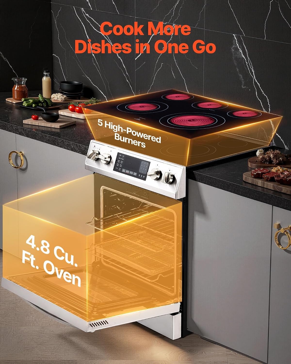 image:imageVEVOR 30in Electric Range Oven 48Cu Ft Capacity Compact Freestanding Oven Stainless Steel Kitchen Stove with 5 Burners SelfCleaning Air Fry Easy Reach Racks Storage DrawerNo Power CordSilver