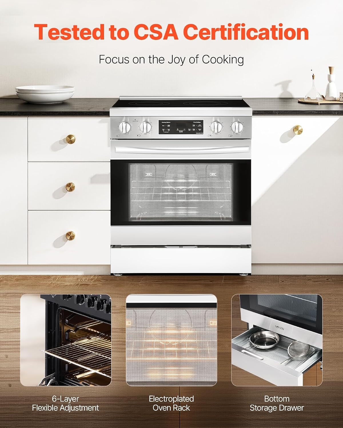 image:imageVEVOR 30in Electric Range Oven 48Cu Ft Capacity Compact Freestanding Oven Stainless Steel Kitchen Stove with 5 Burners SelfCleaning Air Fry Easy Reach Racks Storage DrawerNo Power CordSilver
