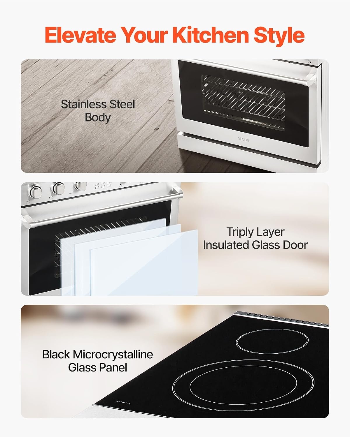 image:imageVEVOR 30in Electric Range Oven 48Cu Ft Capacity Compact Freestanding Oven Stainless Steel Kitchen Stove with 5 Burners SelfCleaning Air Fry Easy Reach Racks Storage DrawerNo Power CordSilver