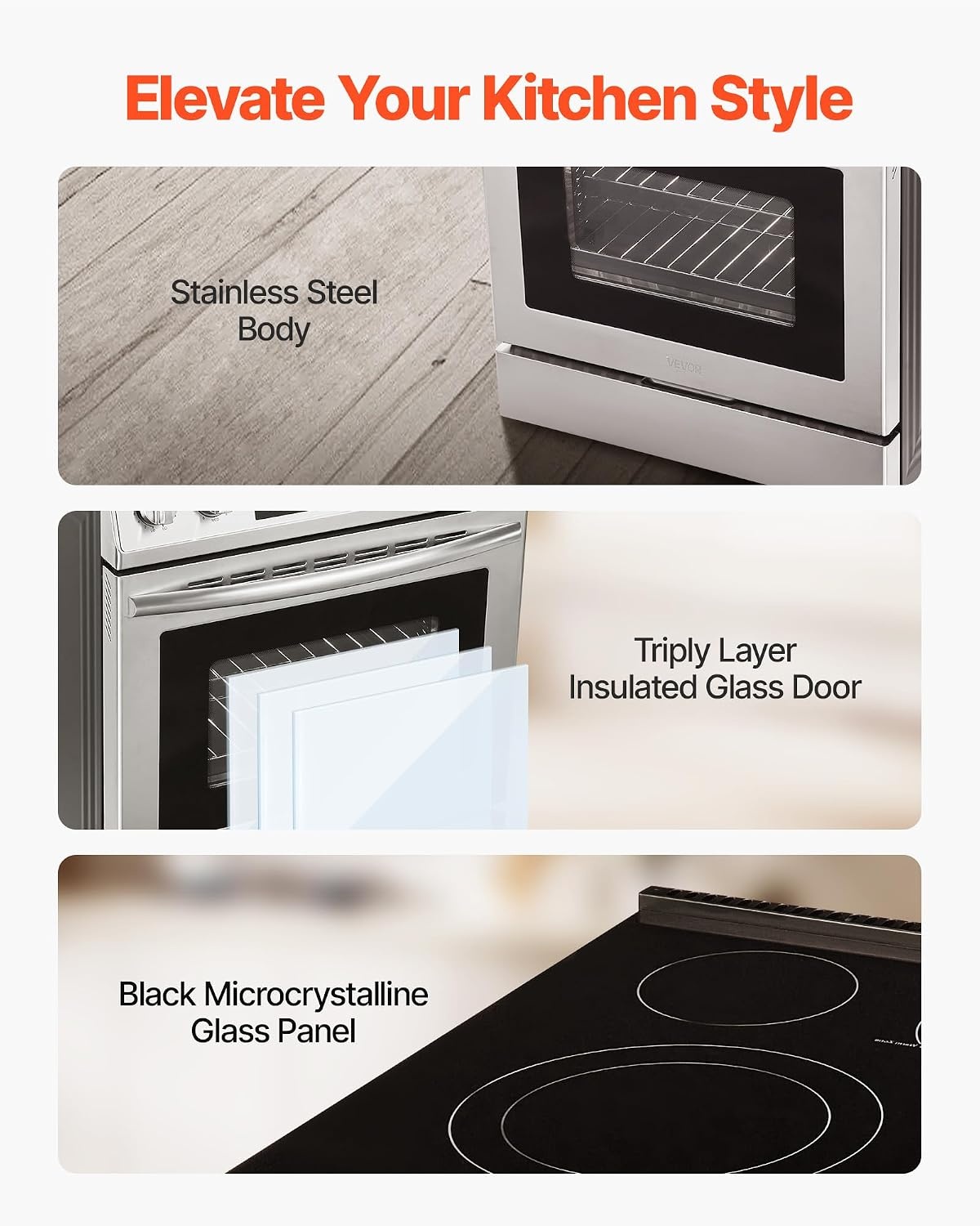 image:imageVEVOR 30in Electric Range Oven 48Cu Ft Capacity Compact Freestanding Oven Stainless Steel Kitchen Stove with 5 Burners SelfCleaning Air Fry Easy Reach Racks Storage DrawerNo Power CordSilver