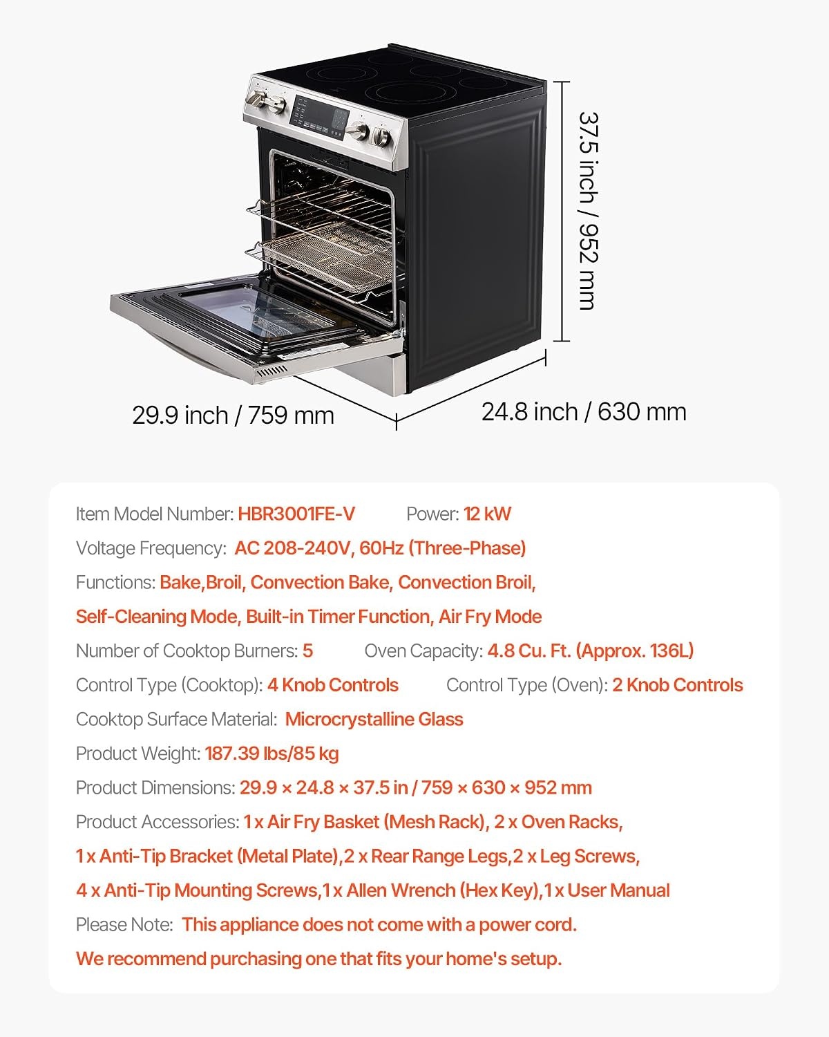 image:imageVEVOR 30in Electric Range Oven 48Cu Ft Capacity Compact Freestanding Oven Stainless Steel Kitchen Stove with 5 Burners SelfCleaning Air Fry Easy Reach Racks Storage DrawerNo Power CordSilver