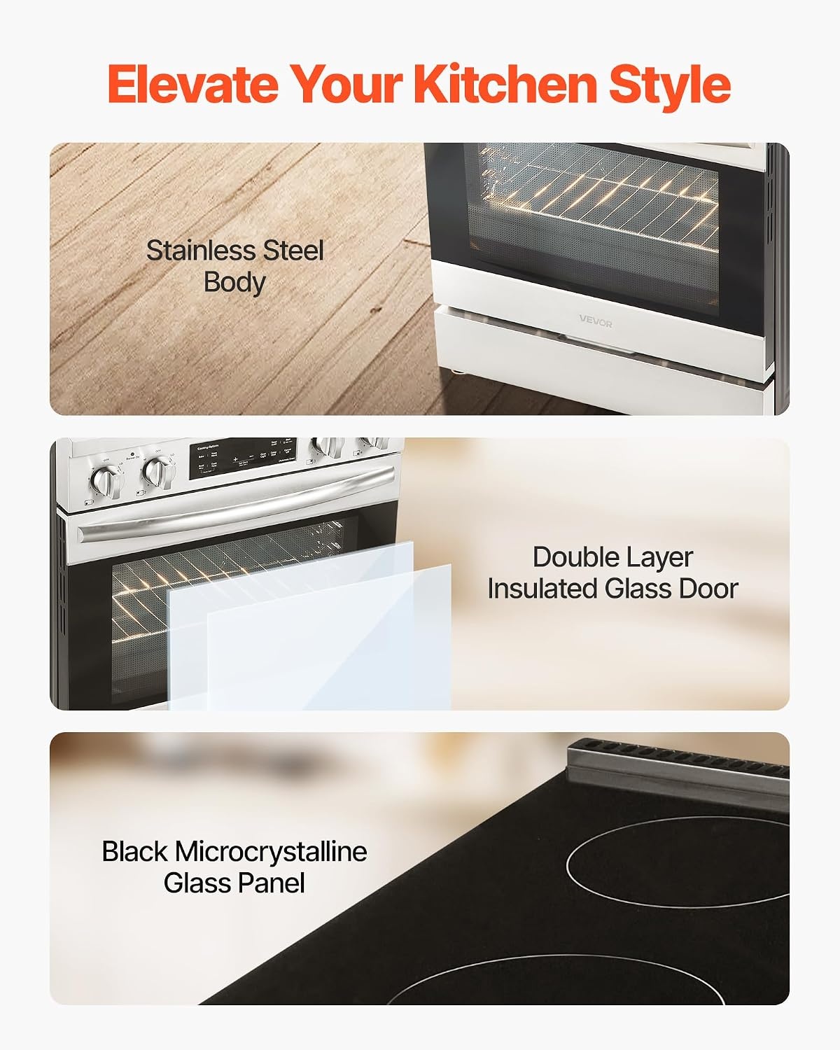 image:imageVEVOR 30in Electric Range Oven 48Cu Ft Capacity Compact Freestanding Oven Stainless Steel Kitchen Stove with 5 Burners SelfCleaning Air Fry Easy Reach Racks Storage DrawerNo Power CordSilver