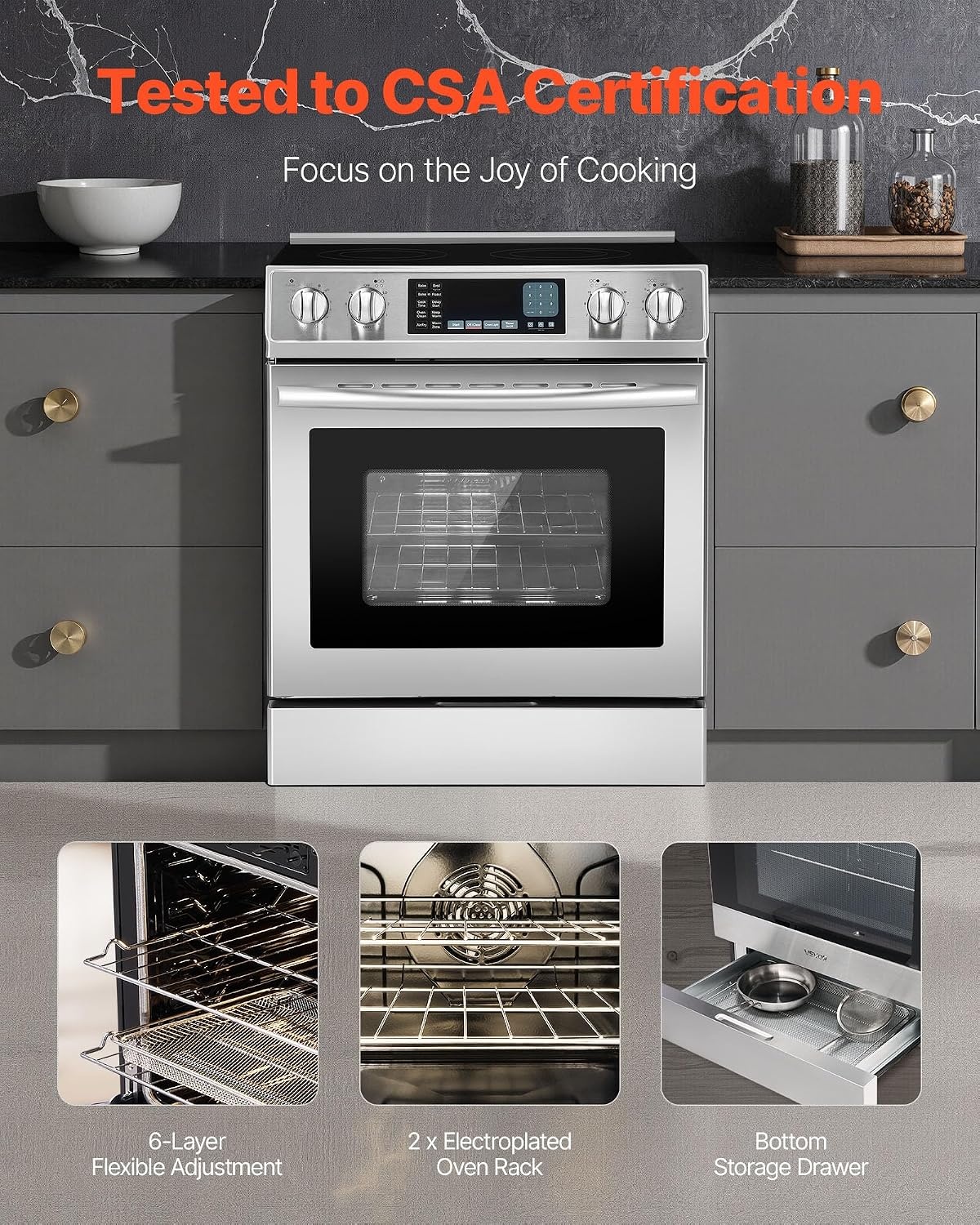 image:imageVEVOR 30in Electric Range Oven 48Cu Ft Capacity Compact Freestanding Oven Stainless Steel Kitchen Stove with 5 Burners SelfCleaning Air Fry Easy Reach Racks Storage DrawerNo Power CordSilver