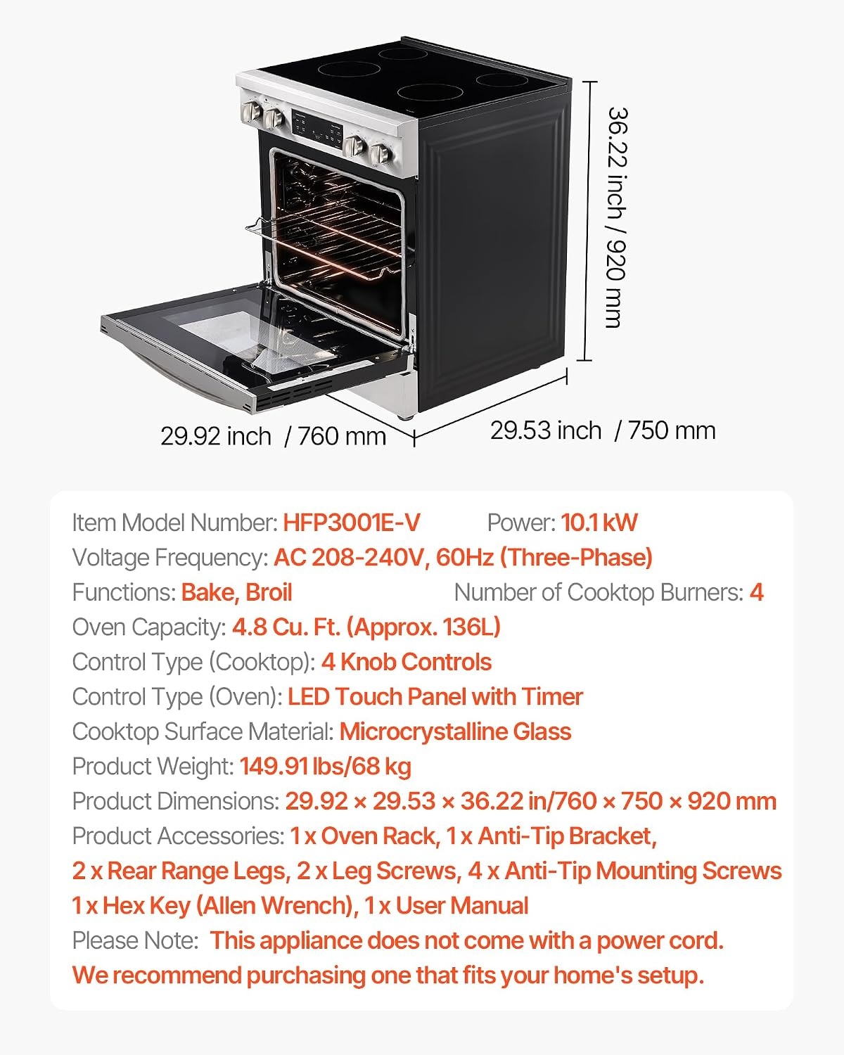 image:imageVEVOR 30in Electric Range Oven 48Cu Ft Capacity Compact Freestanding Oven Stainless Steel Kitchen Stove with 5 Burners SelfCleaning Air Fry Easy Reach Racks Storage DrawerNo Power CordSilver