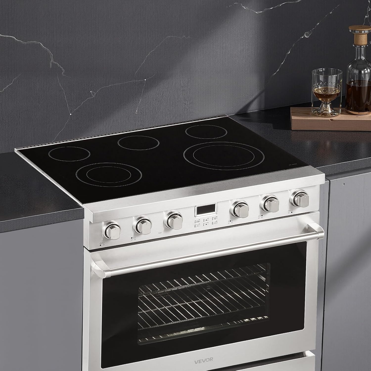 image:imageVEVOR 30in Electric Range Oven 48Cu Ft Capacity Compact Freestanding Oven Stainless Steel Kitchen Stove with 5 Burners SelfCleaning Air Fry Easy Reach Racks Storage DrawerNo Power CordSilver