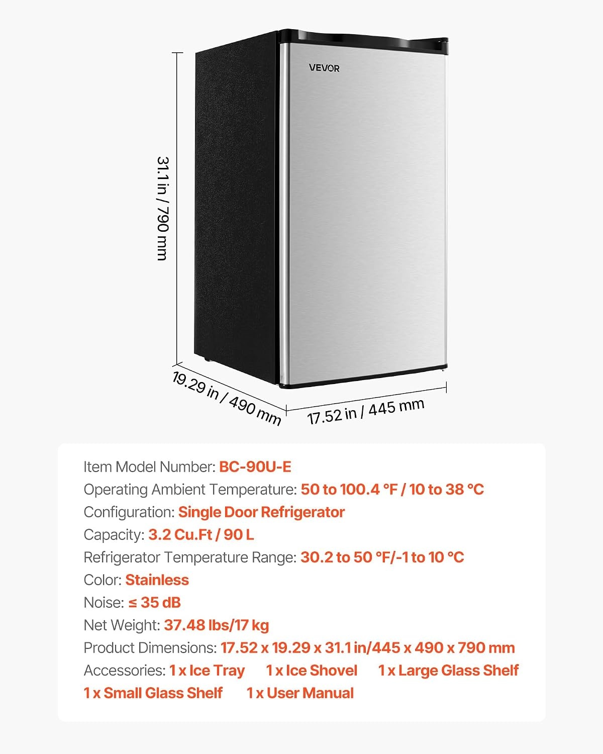 image:imageVEVOR 32 CuFt Mini Fridge with Freezer Single Door Compact Refrigerator with Micron Freezer Zone 7Mode Adjustable Temp Energy Efficient Dorm Fridge Reversible Door Low Noise Brushed Steel