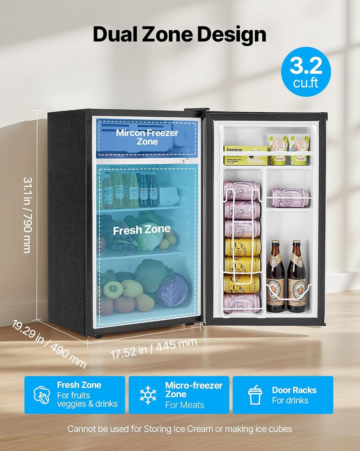 image:imageVEVOR 32 CuFt Mini Fridge with Freezer Single Door Compact Refrigerator with Micron Freezer Zone 7Mode Adjustable Temp Energy Efficient Dorm Fridge Reversible Door Low Noise Brushed Steel